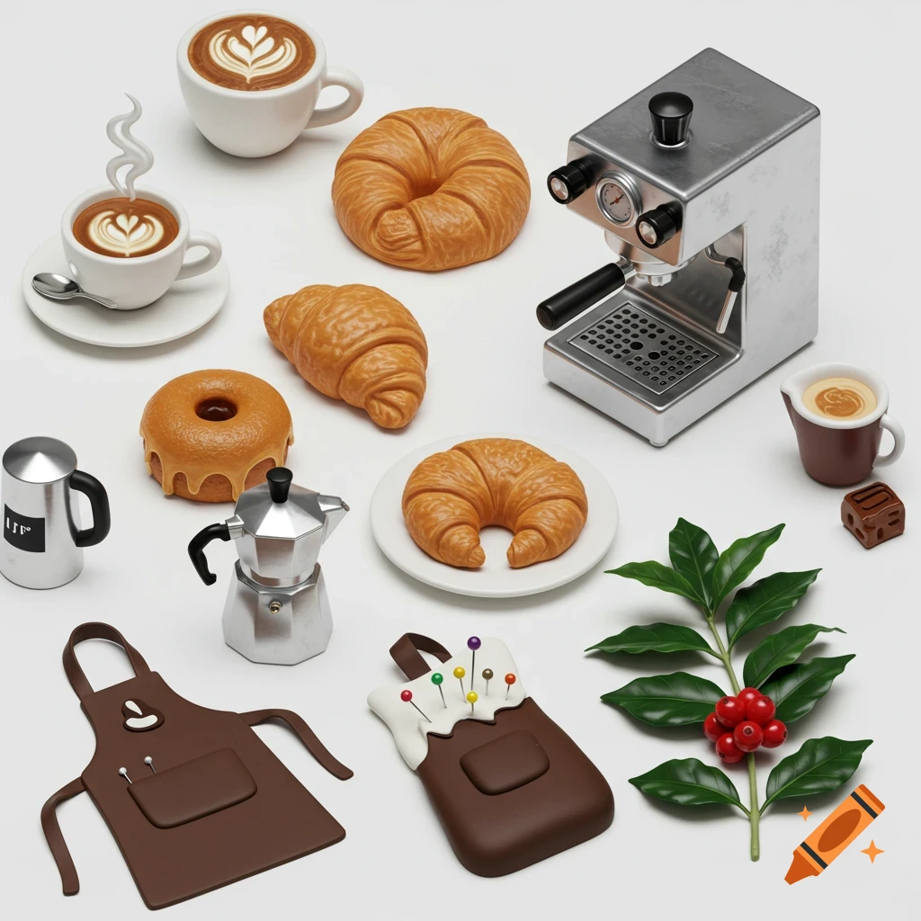 An overhead view of coffee-themed and bakery-themed charms on a white background, including croissants, coffee cups, an espresso machine, and a coffee plant branch.