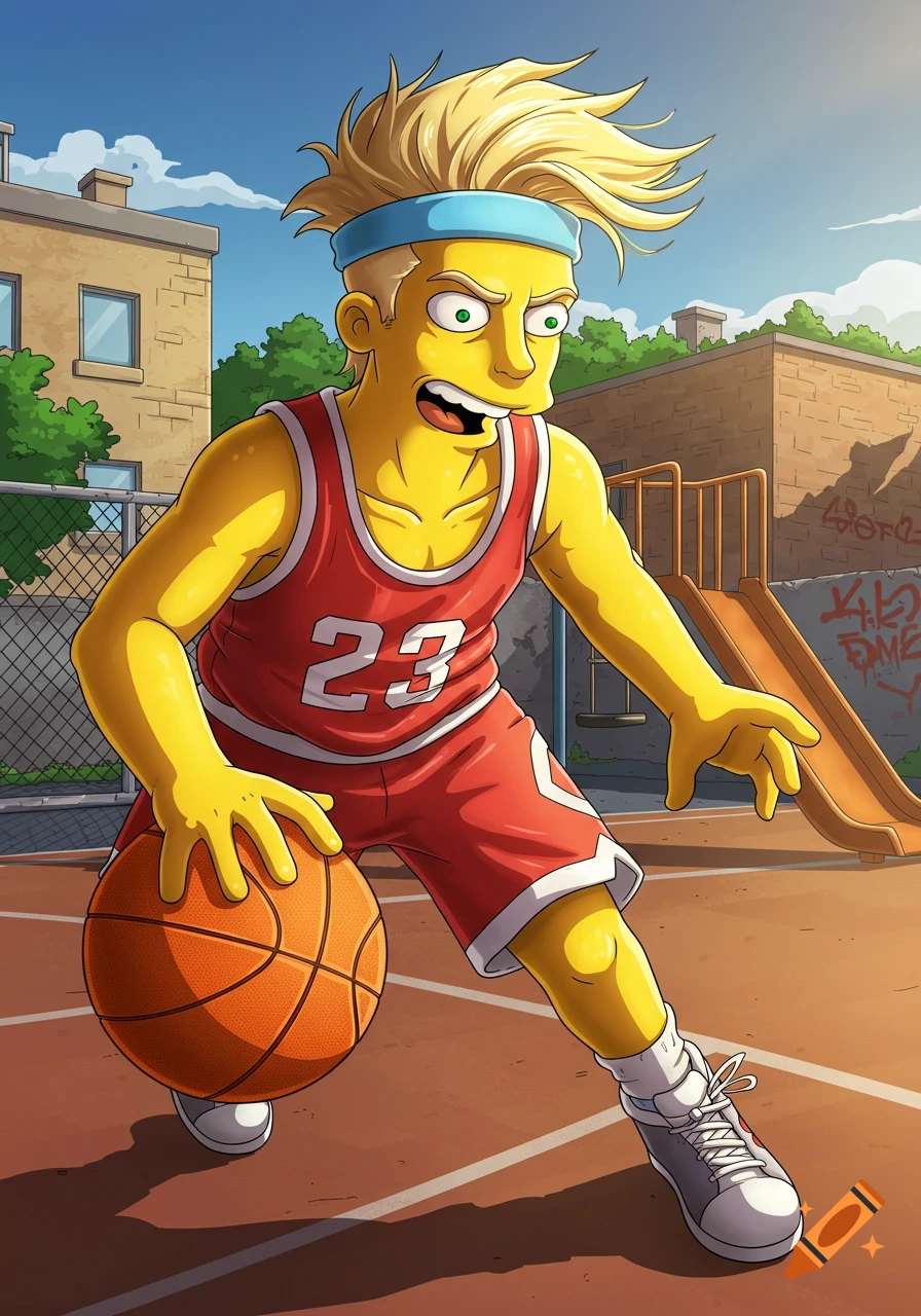 Yellow-skinned cartoon character with blonde spiky hair dribbling a basketball on an outdoor court, wearing a red jersey with '23'.