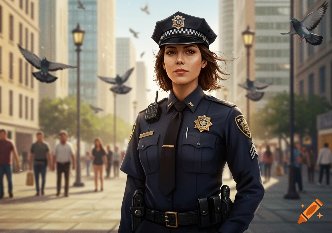 A photorealistic image of a female police officer standing on a city street with blurred people and pigeons in the background.