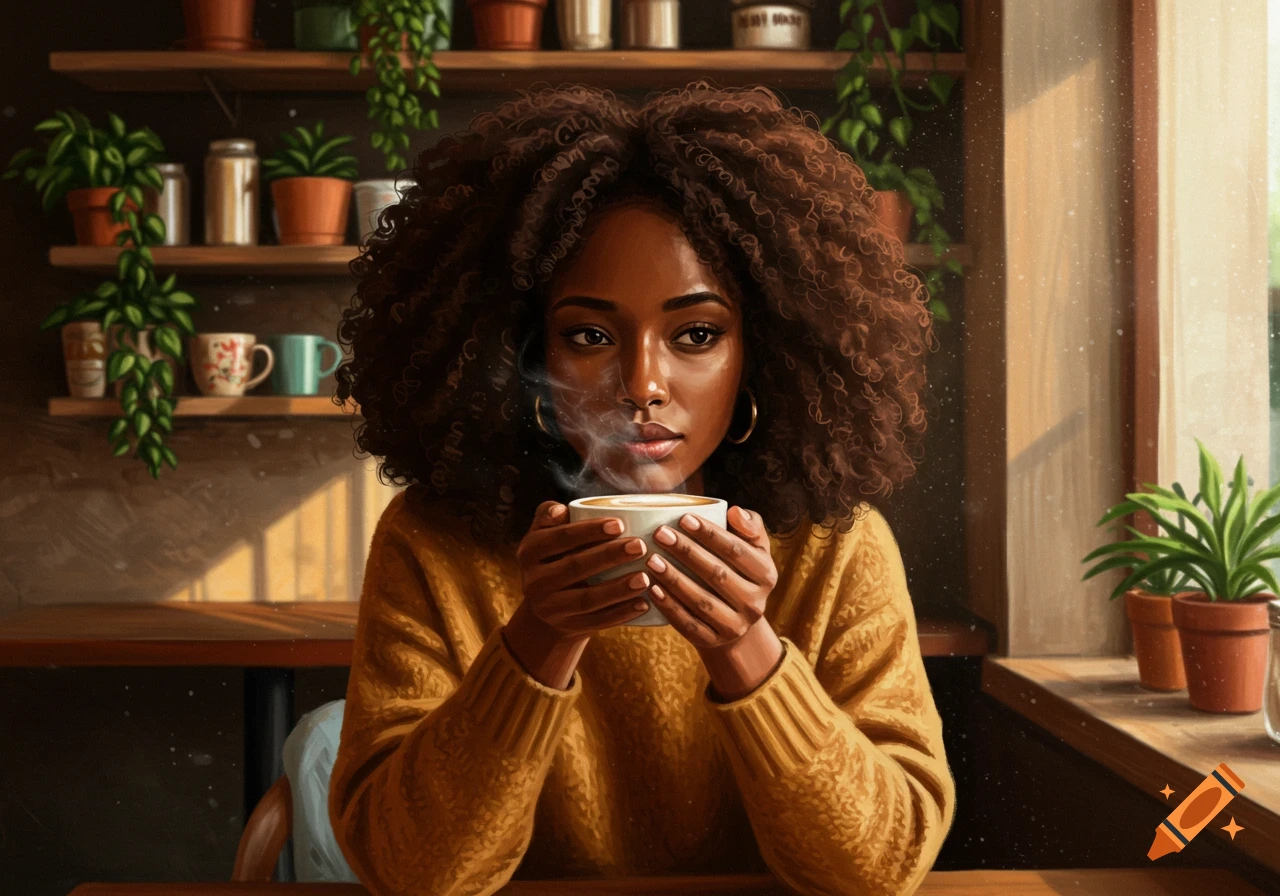 A Black woman with curly hair sips from a steaming mug in a cozy cafe with plants, sunlit by a window.