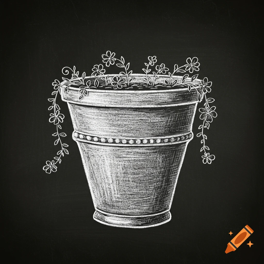 A white chalk drawing of a potted plant with small flowers on a black blackboard background.