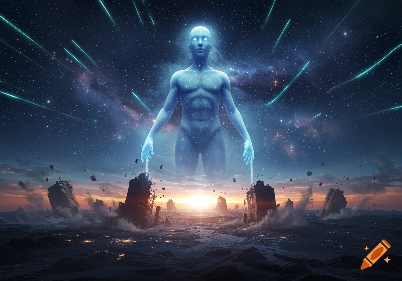 A glowing, blue cosmic being stands over a crumbling world with buildings submerged in water under a starry sky.