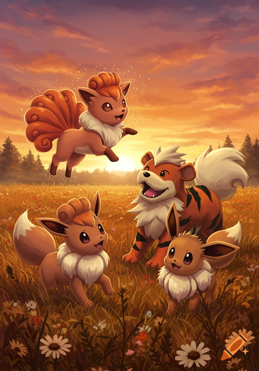 Four adorable Pokémon, including Vulpix, Growlithe, and two Eevee, play in a golden field with wildflowers under a vibrant orange sunset.