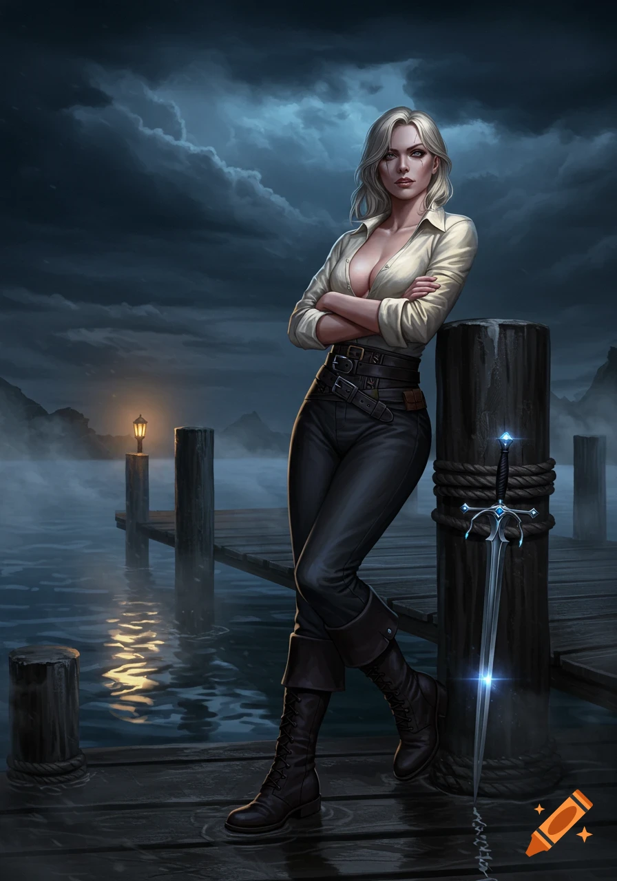 Digital painting of a blonde woman in an open shirt, leaning on a dock post next to a glowing sword under a stormy night sky.