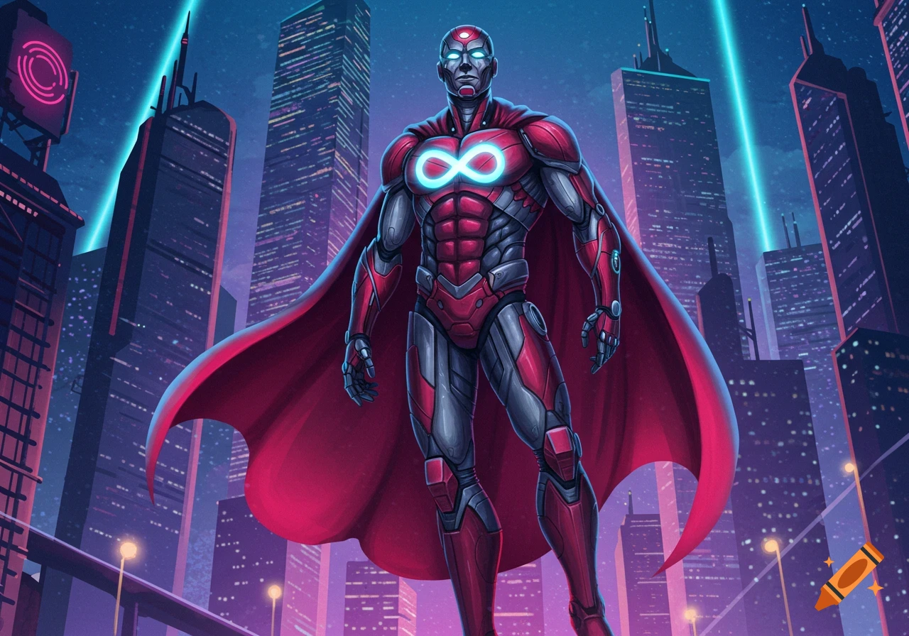 A red and grey superhero android with a glowing infinity symbol on his chest, wearing a red cape, stands in a futuristic blue and purple cityscape.