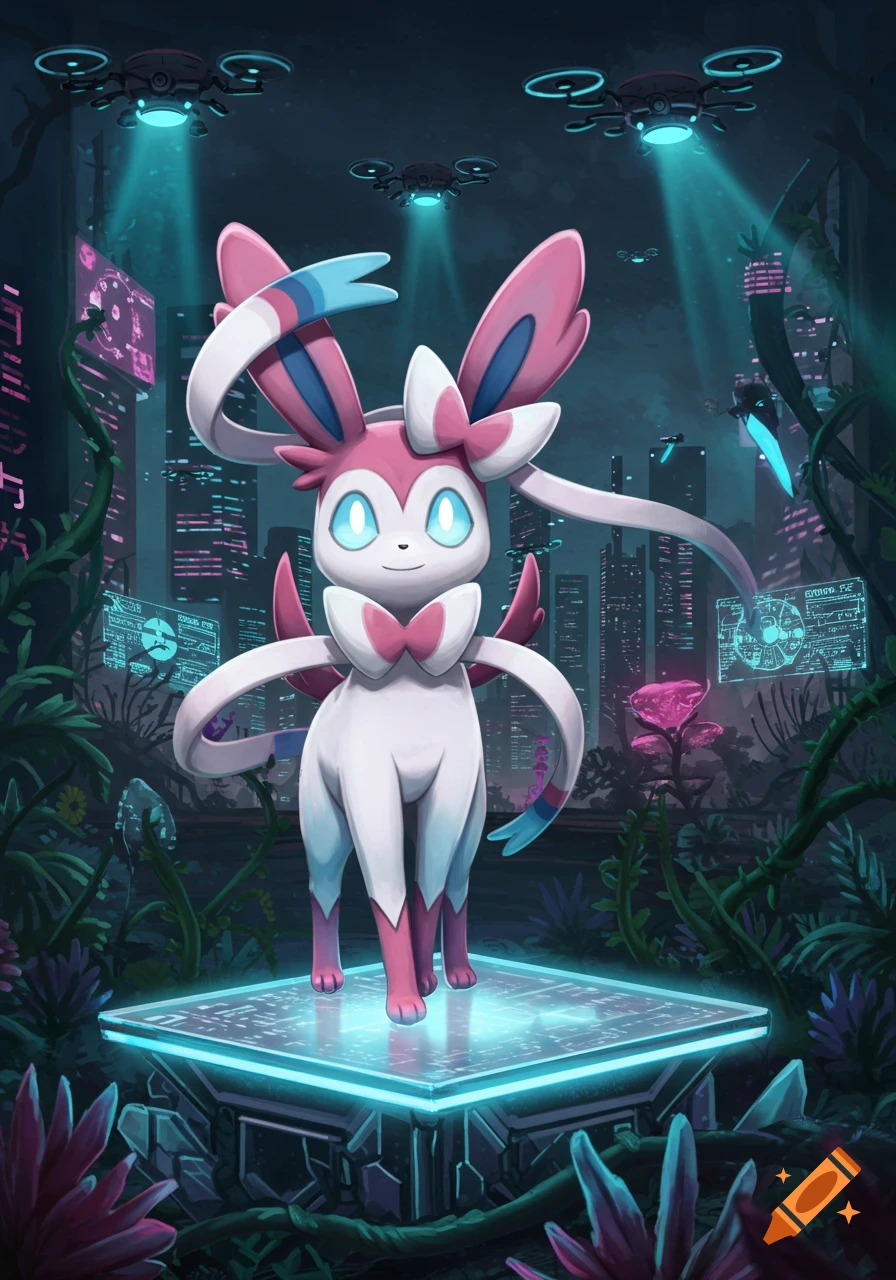 A Sylveon stands on a glowing platform in a dark, futuristic city with drones flying overhead and glowing plants.