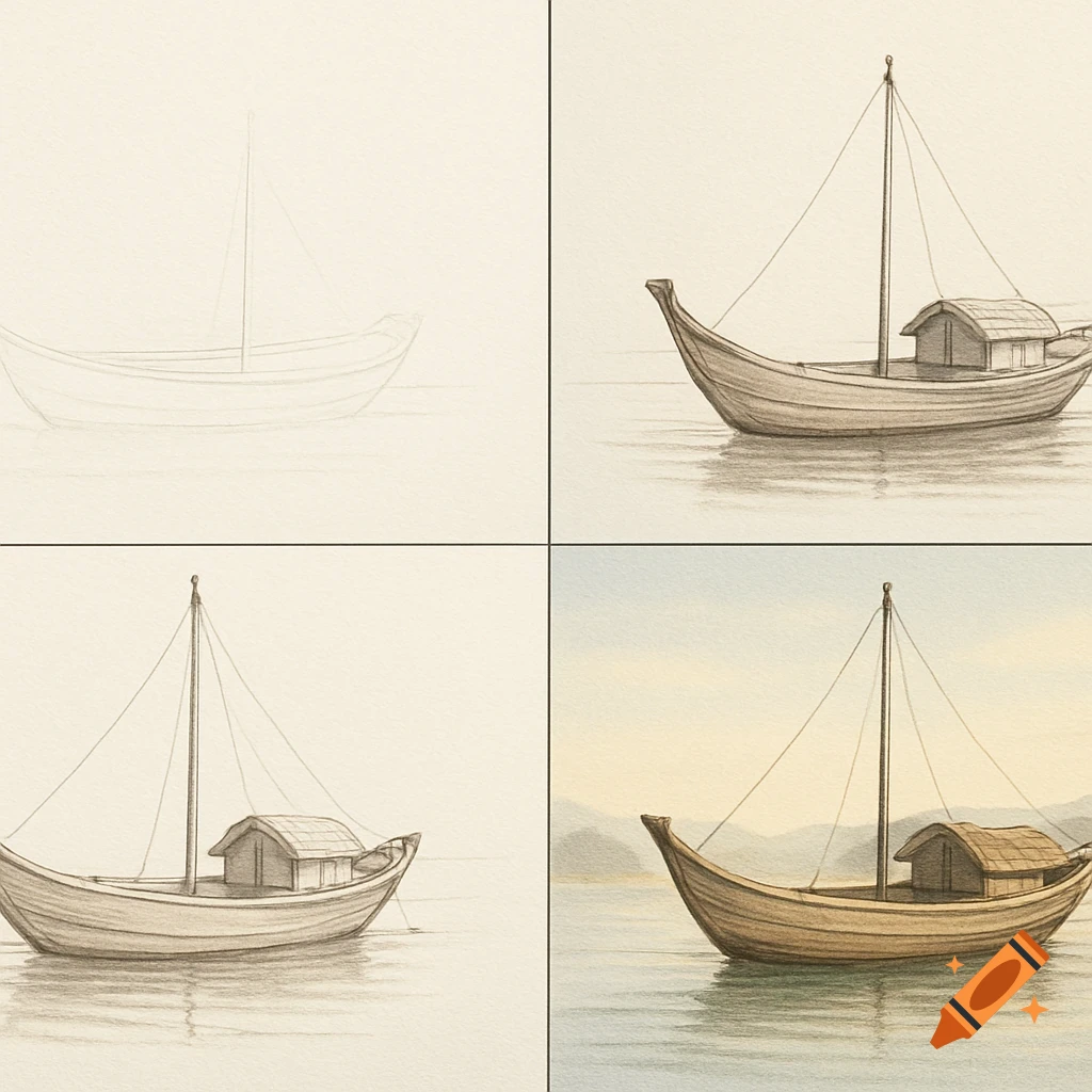 Four panel illustration showing steps to draw a wooden Vietnamese fishing boat from sketch to colored watercolor painting.