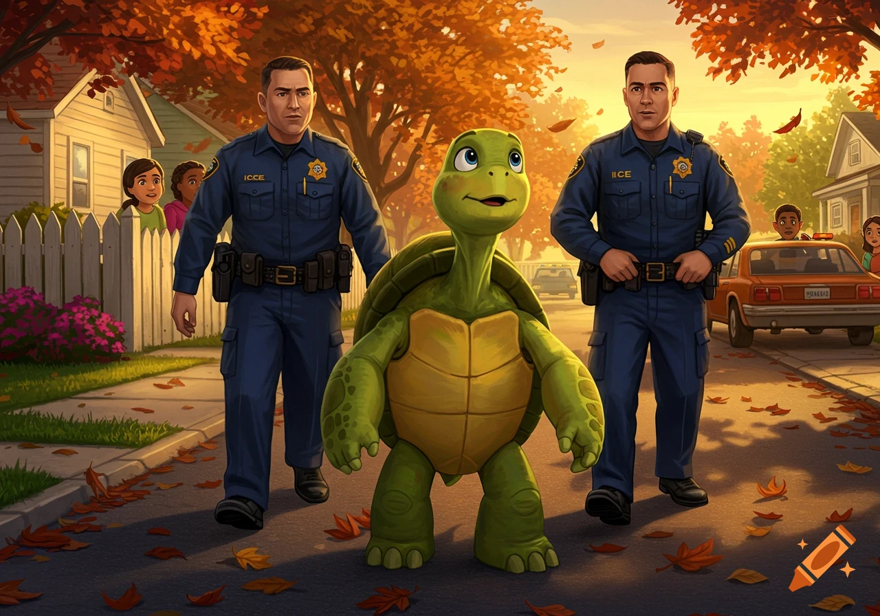 Two cartoon police officers walk alongside a green cartoon turtle down an autumn street, with children watching from houses in the background.