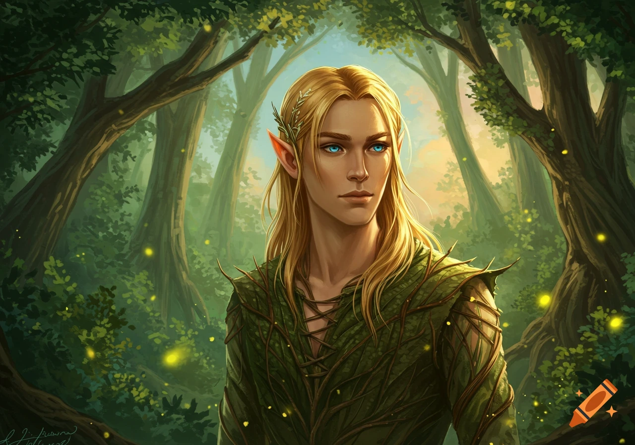 A young male elf with long blonde hair and glowing blue eyes stands in a magical forest, wearing a green leafy tunic.