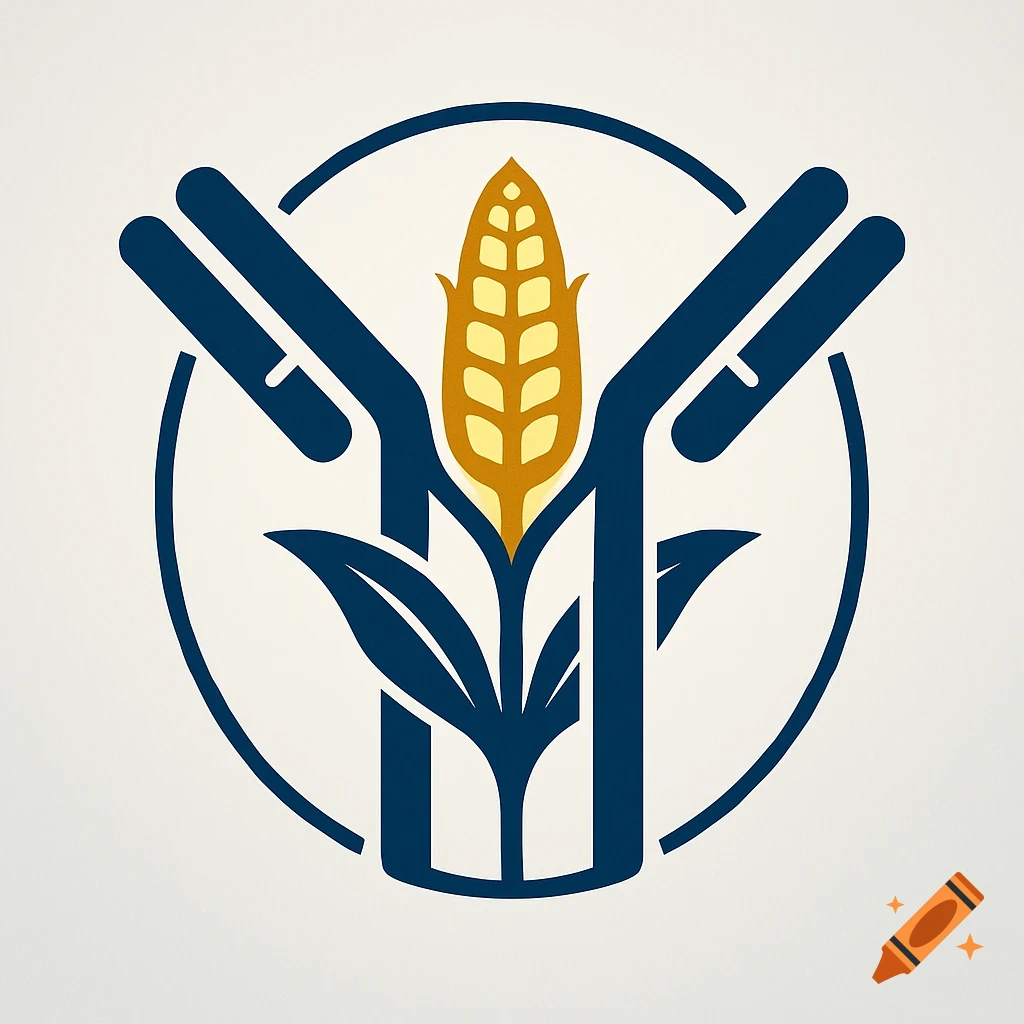 A stylized logo featuring an antibody shape with a corn cob and leaves at its center, enclosed within a circle. The colors are dark blue and golden yellow.