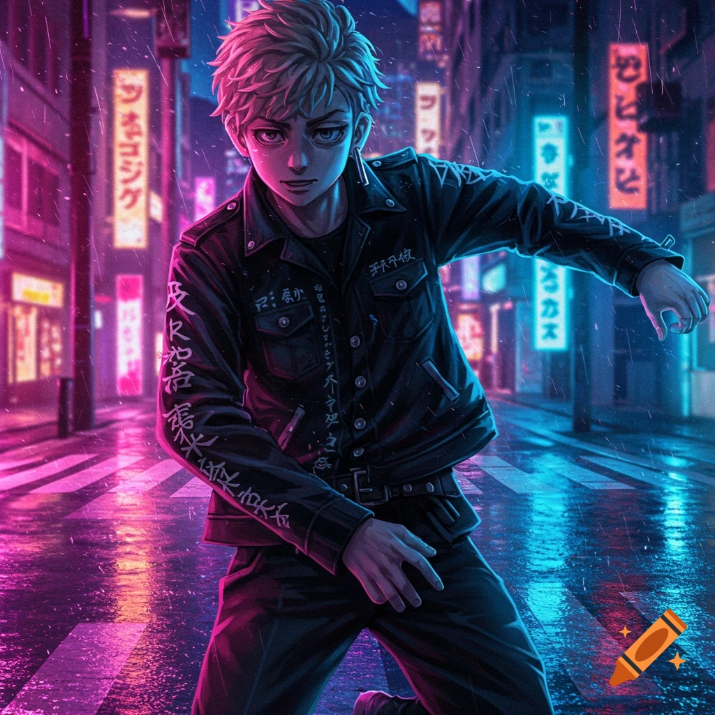 Anime character in a black jacket and pants, with spiky blond hair, posing on a wet street at night under neon pink and blue lights.