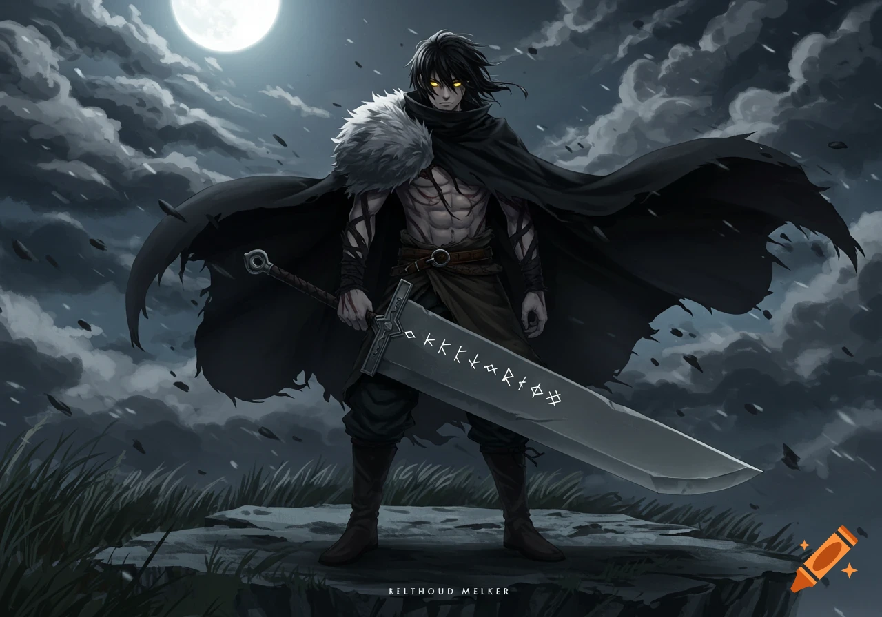 An anime man with glowing yellow eyes, a black cloak, and a fur scarf stands under a full moon, holding a large sword with runes.