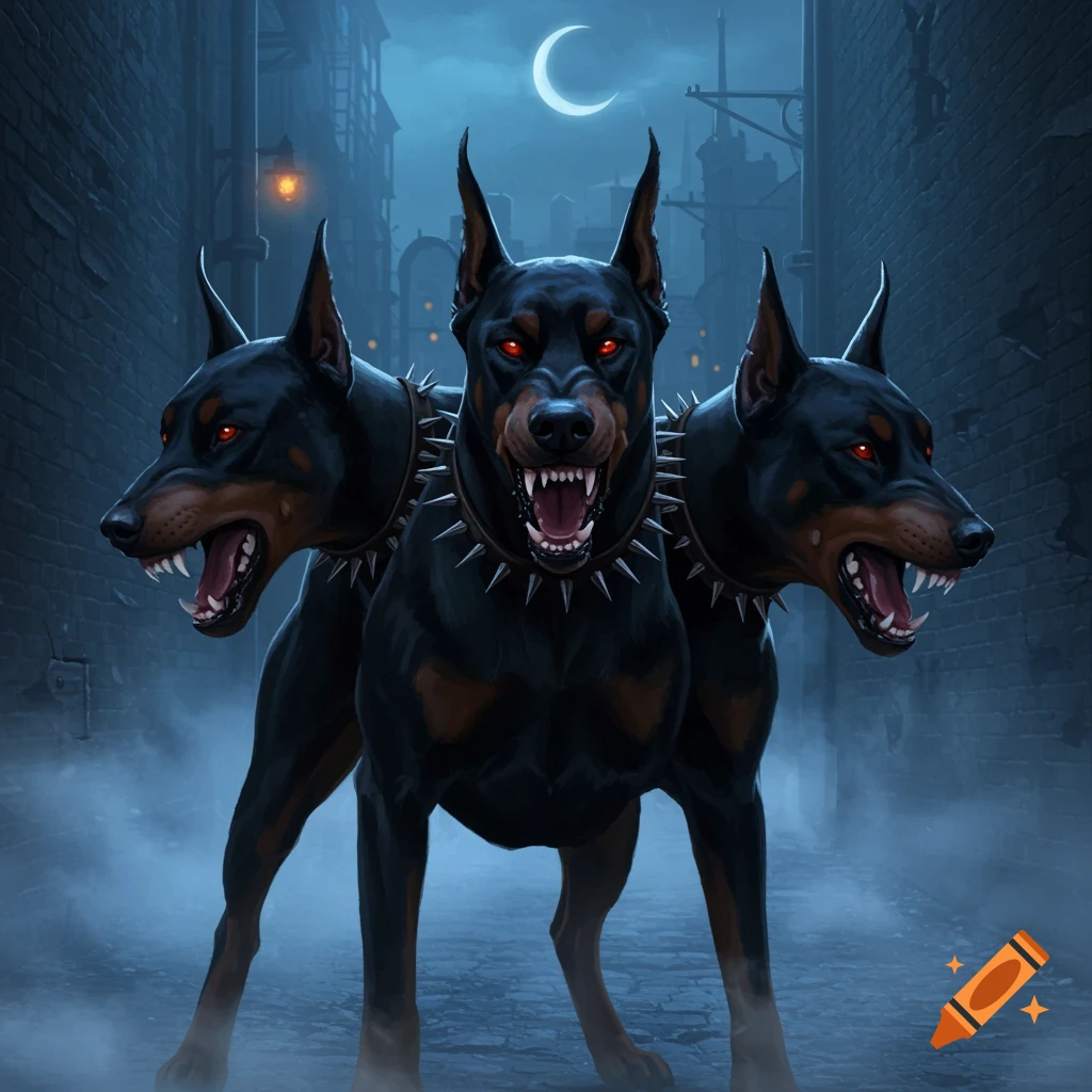 An aggressive three-headed Doberman with red eyes and spiked collars stands in a dark alley under a crescent moon, digital art.