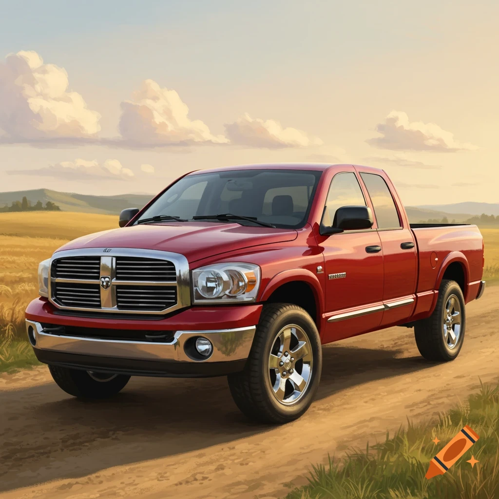 A red Dodge Ram pickup truck drives on a dirt road through a field under a cloudy sky.