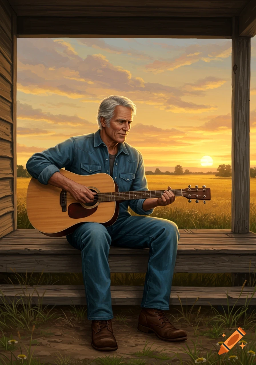 An older man playing an acoustic guitar on a wooden porch overlooking a golden field at sunset.