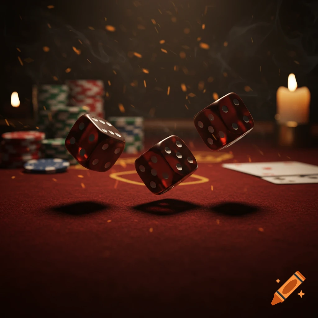 Three red dice suspended mid-air over a red poker table, with poker chips and playing cards in the background. Photorealistic style.