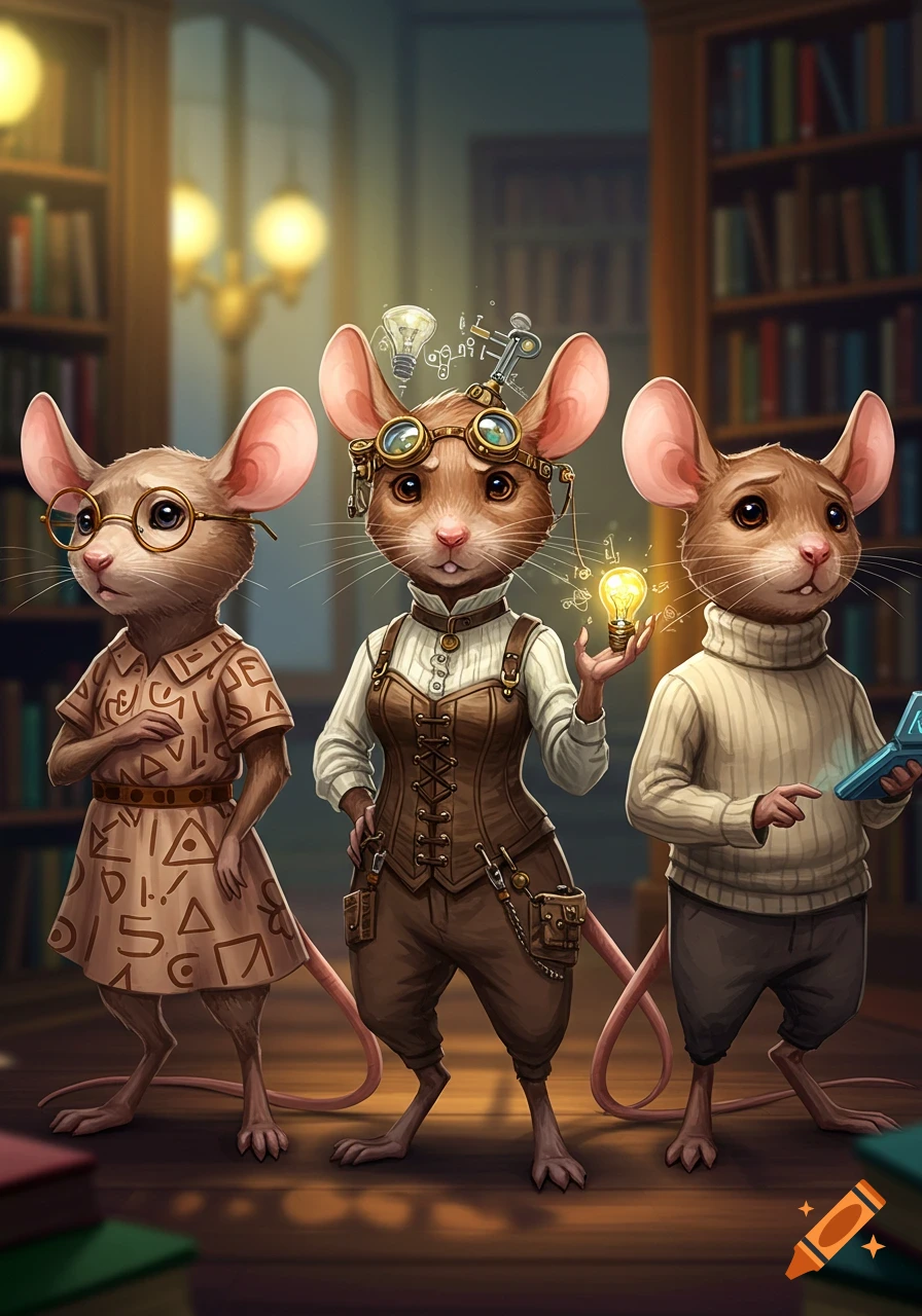 Three anthropomorphic mice in a library: one in a patterned dress, one in steampunk goggles holding a lightbulb, and one in a turtleneck holding a tablet.