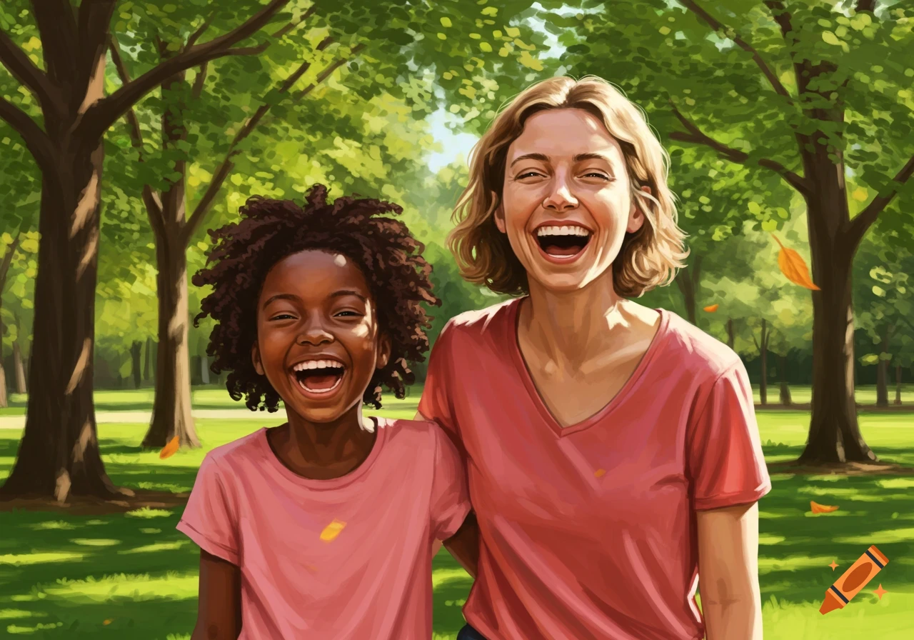 A joyous black girl and a white woman laugh together in a sunlit park, digital art style.