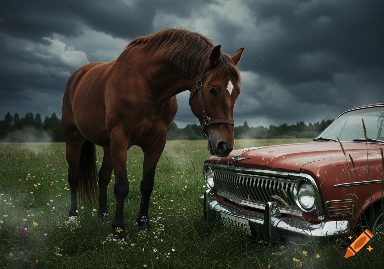 A brown horse stands in a grassy field, looking at the hood of an old red car under a dark, stormy sky.