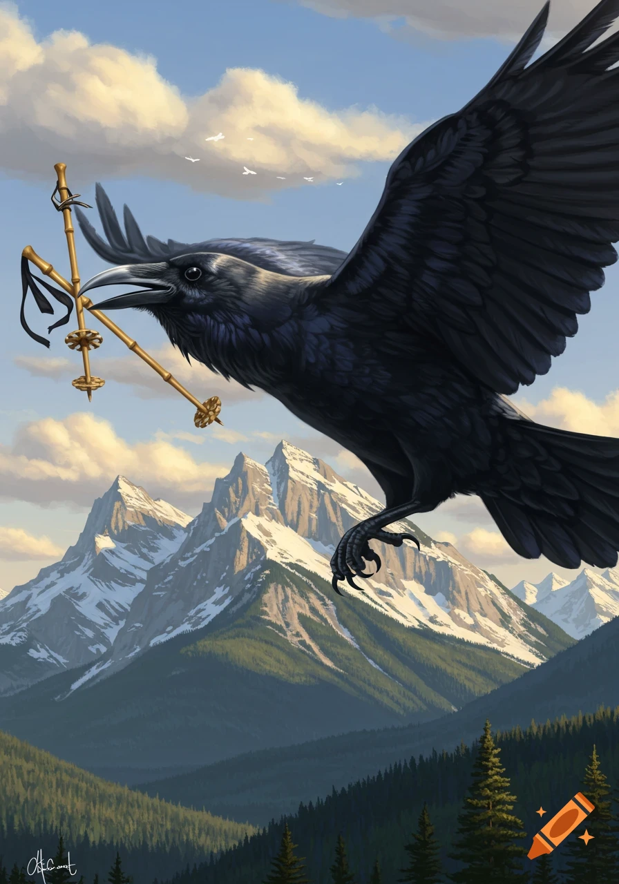 A large black raven flies in a blue sky carrying golden ski poles in its beak over snowy mountains and a dense green forest, in an illustration style.