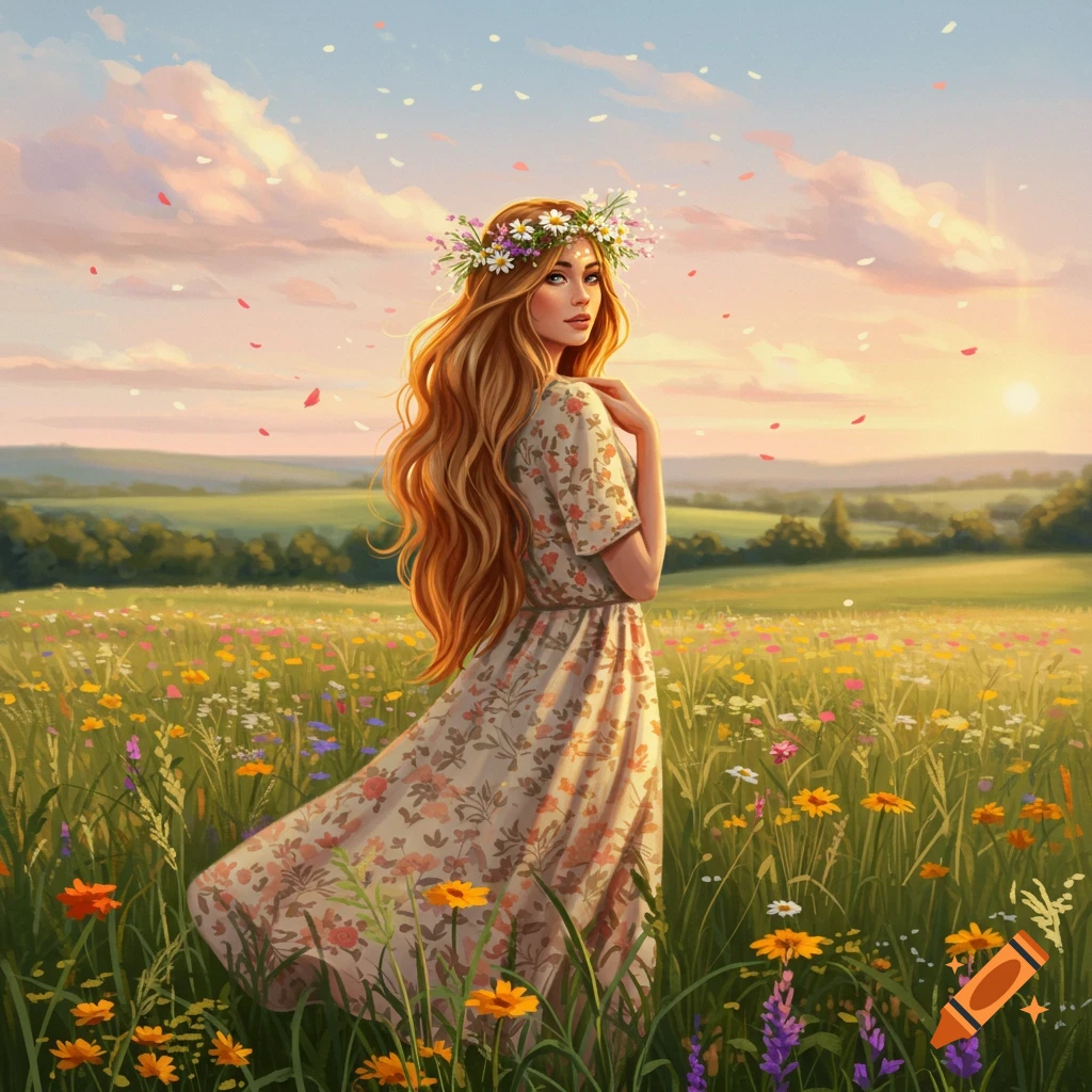 A woman with long wavy hair and a flower crown stands in a vibrant field of wildflowers at sunset in a digital art style.