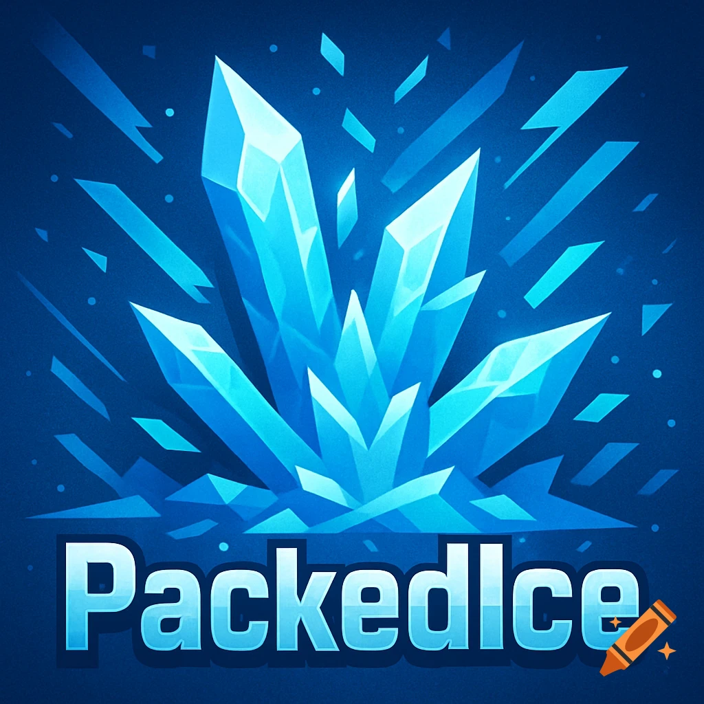 Stylized blue ice crystals with sharp edges, on a dark blue background with light shards flying outwards. The text 'PackedIce' is at the bottom.