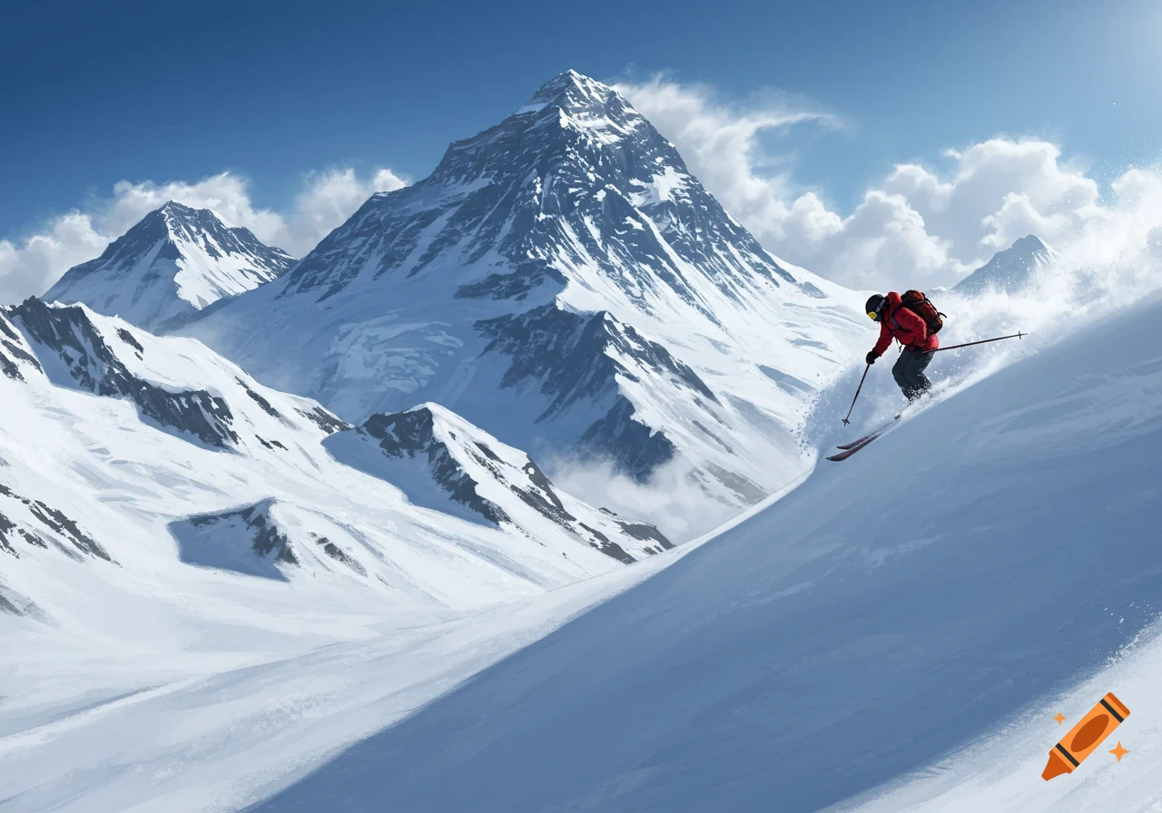 A person in a red jacket skis down a snow-covered mountain with large peaks in the background under a blue sky.