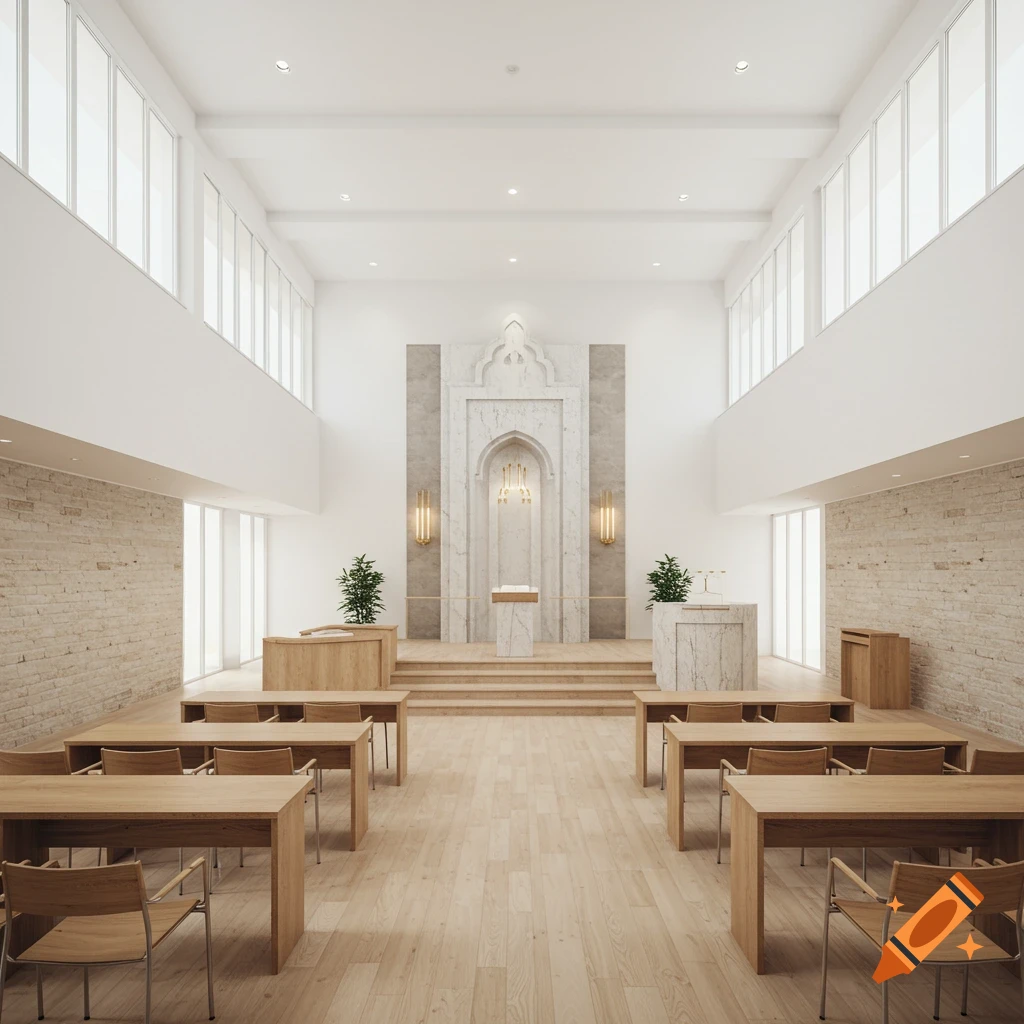 A modern, minimalist synagogue interior with light wood floors, white walls, stone accents, and an ornate Aron Kodesh as the focal point, with rows of wooden tables and chairs.