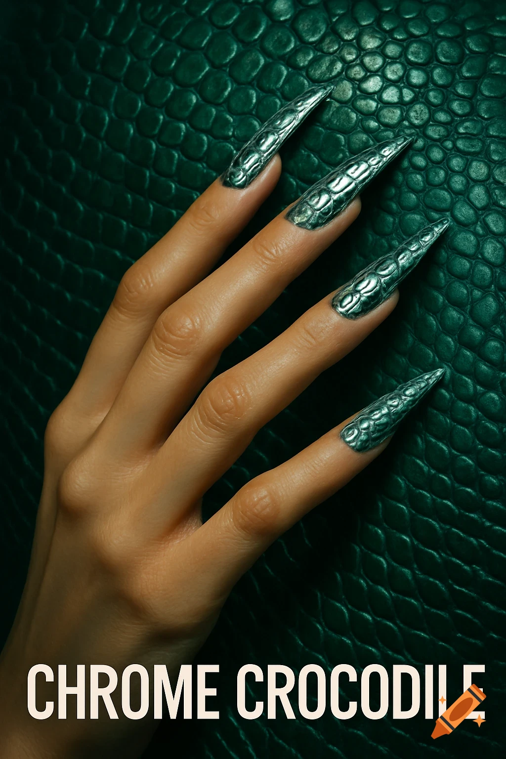 A hand with long, sharp metallic chrome crocodile-textured nails rests on a dark green textured background.