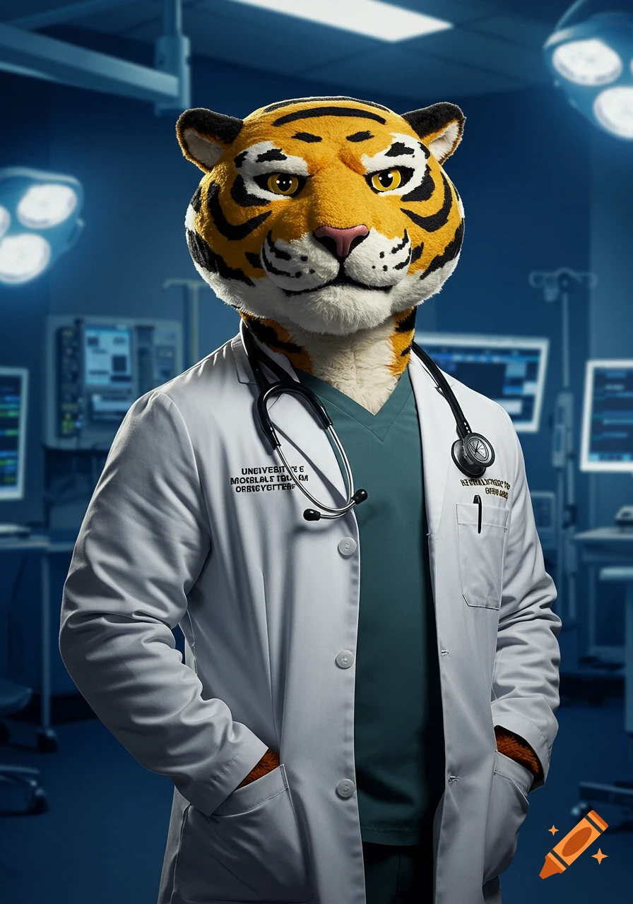 A photorealistic tiger mascot wearing a doctor's lab coat and stethoscope stands in a brightly lit operating room.