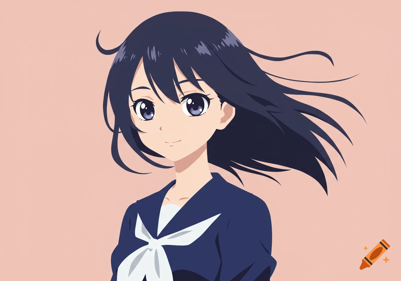 An anime girl with dark hair and purple eyes wearing a blue sailor uniform and a white bow, set against a pink background.