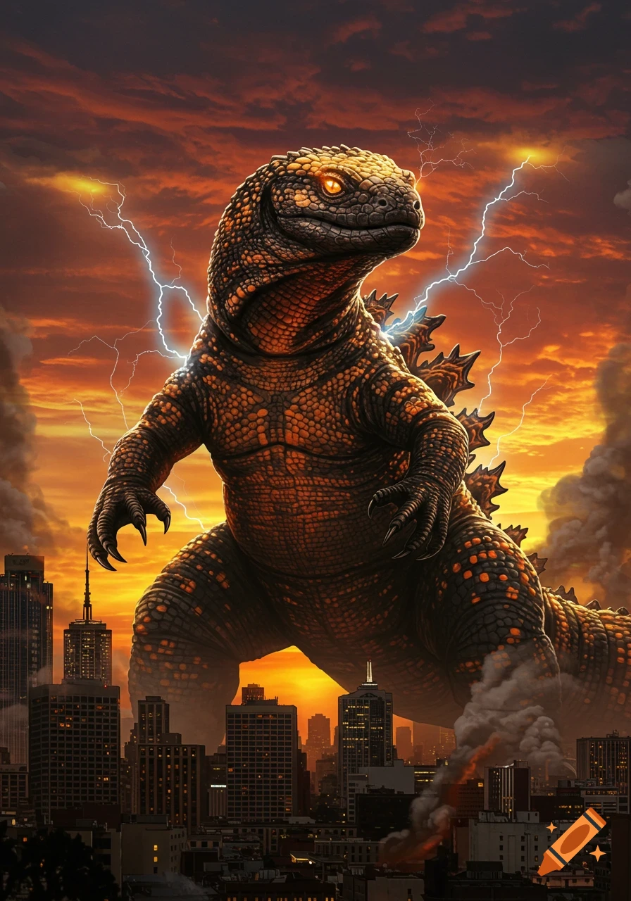 A massive, scaled Godzilla-like monster with glowing orange eyes stands over a city at sunset, with lightning flashing in the sky.