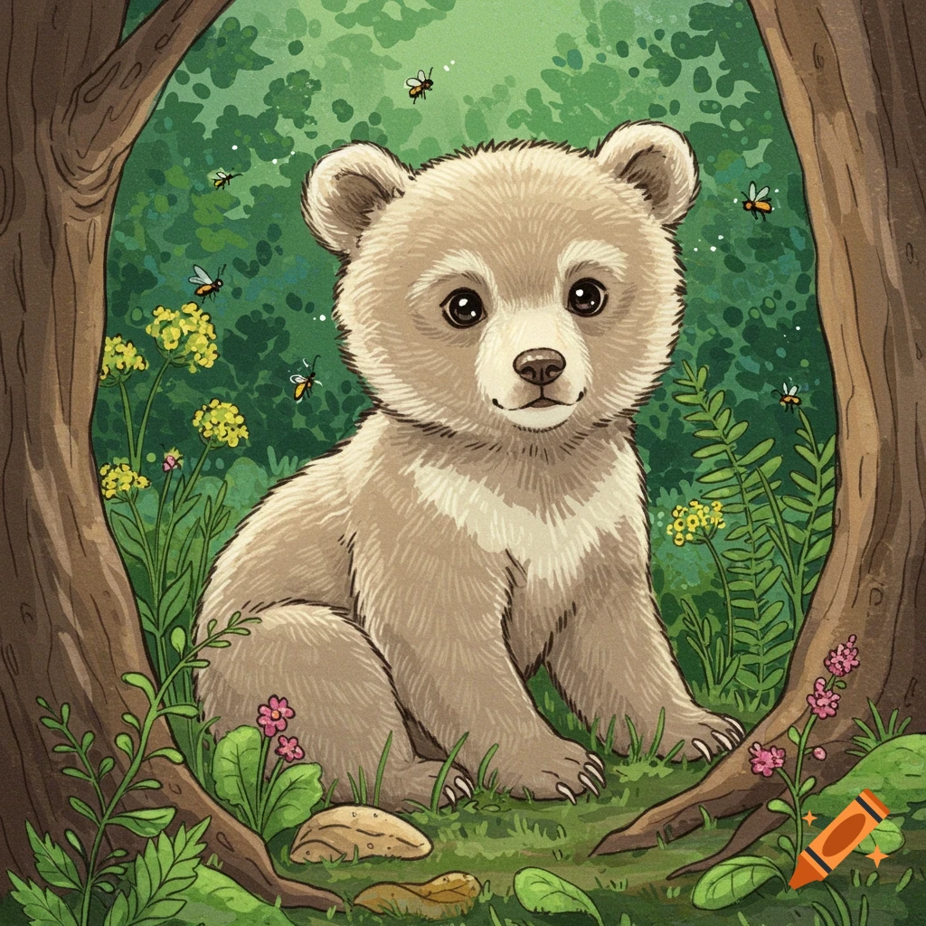 A hand-drawn illustration of a cute baby bear sitting in a lush green forest, framed by tree trunks, with tiny insects and flowers.