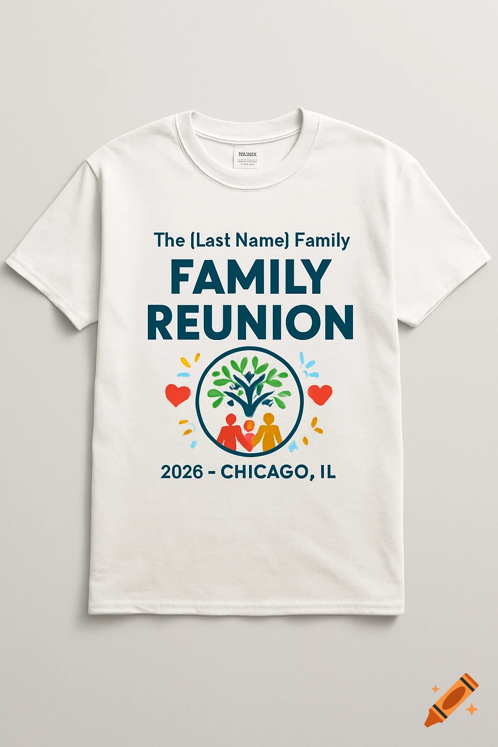 A realistic mockup of a white short-sleeve t-shirt with a colorful "Family Reunion" design. The design includes text, a family tree, and stick figures.