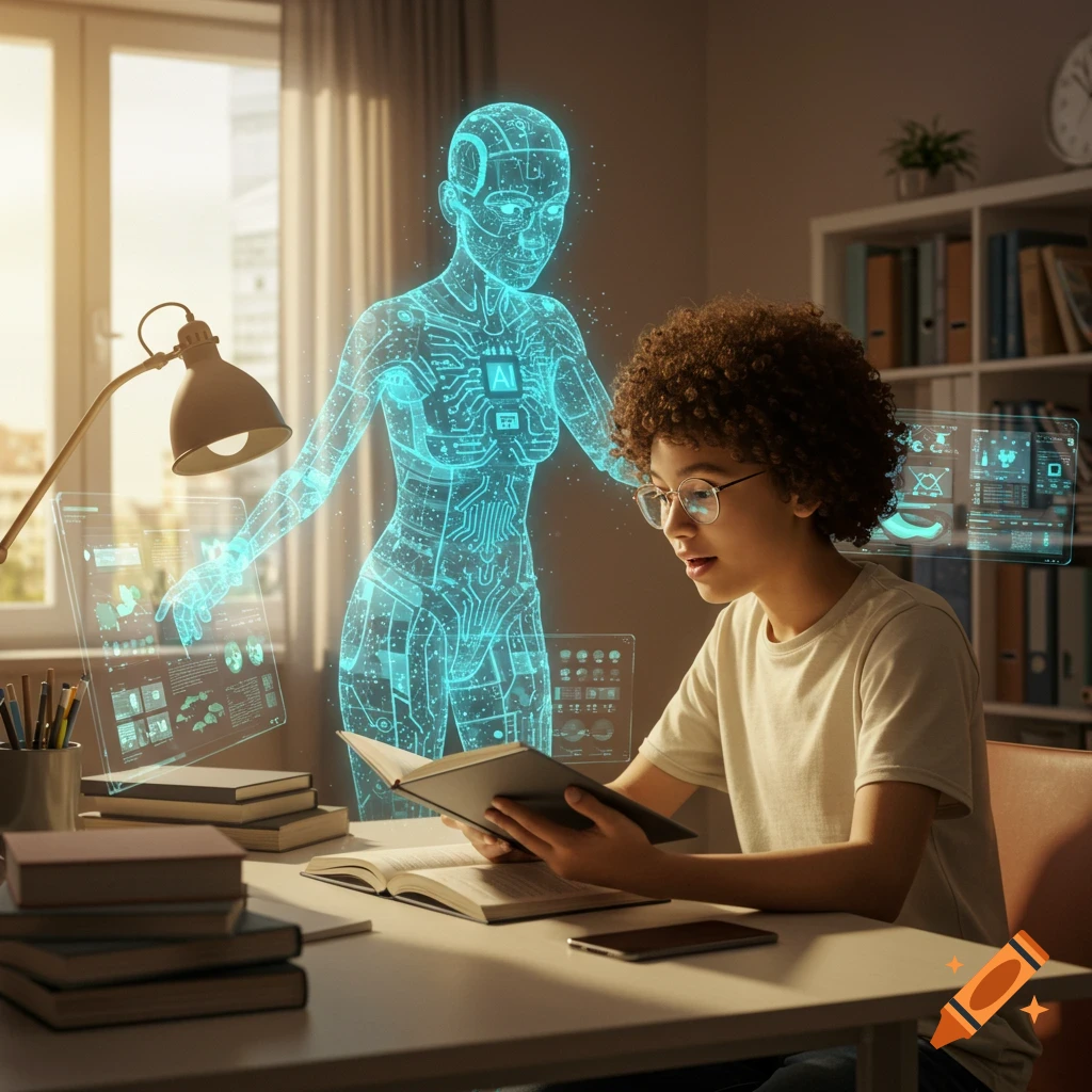 A young student with curly hair and glasses reads a book at a desk while a glowing blue holographic AI figure and futuristic screens float nearby.