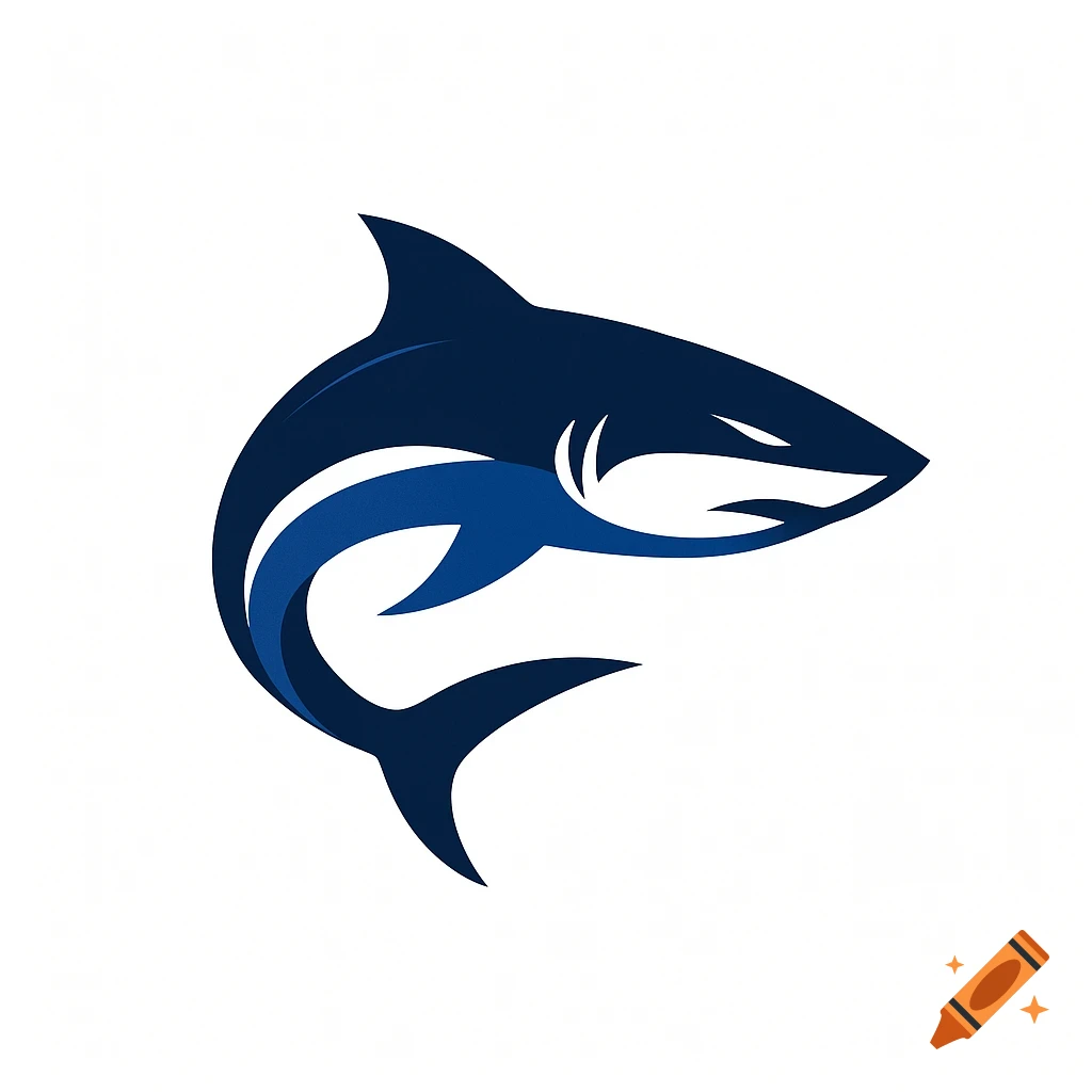 A simple blue and dark blue stylized shark logo on a white background.