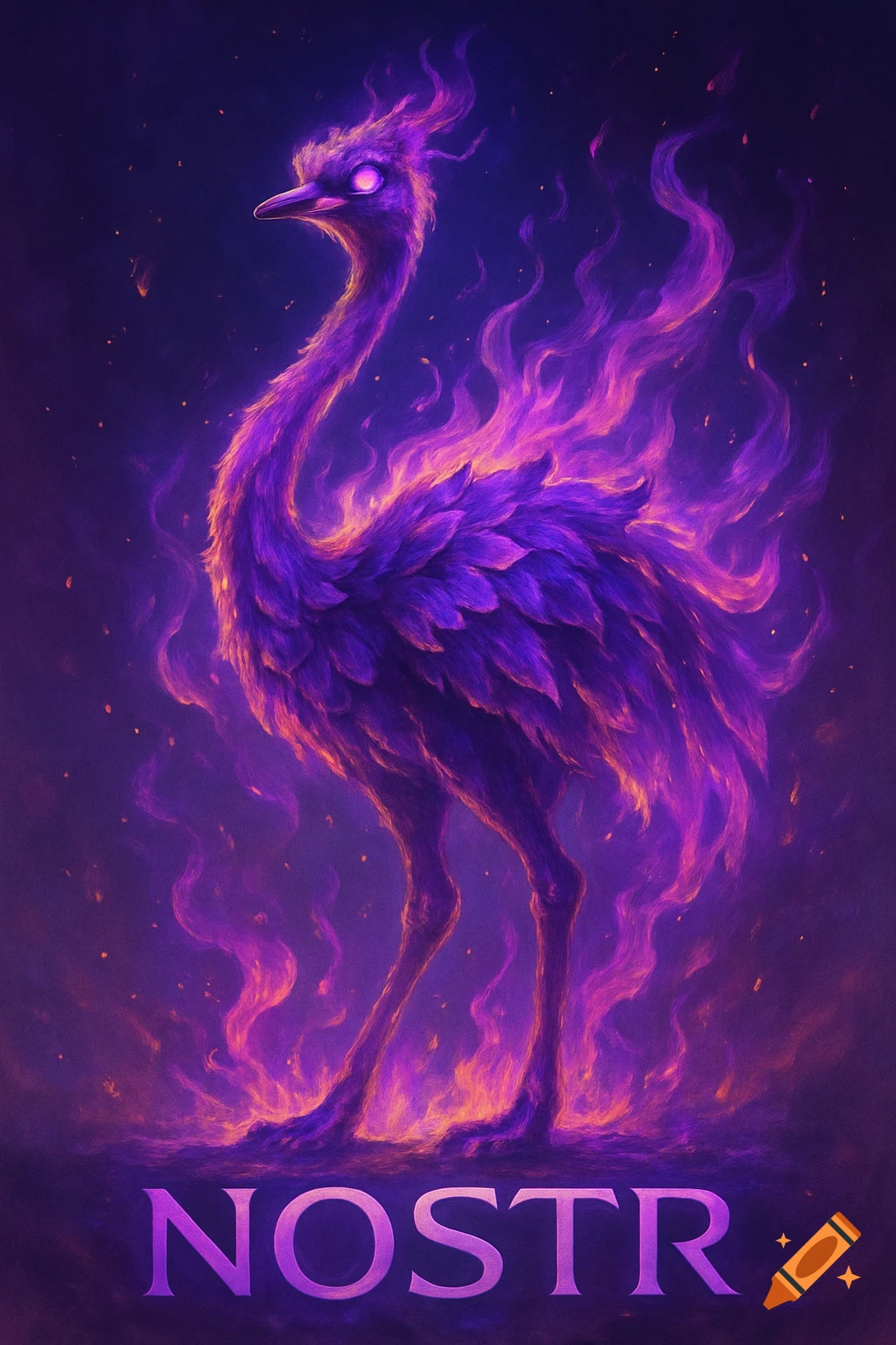 A stylized purple ostrich-like creature, enveloped in vibrant purple and orange flames, stands in a dark setting with the word "NOSTR" below it.