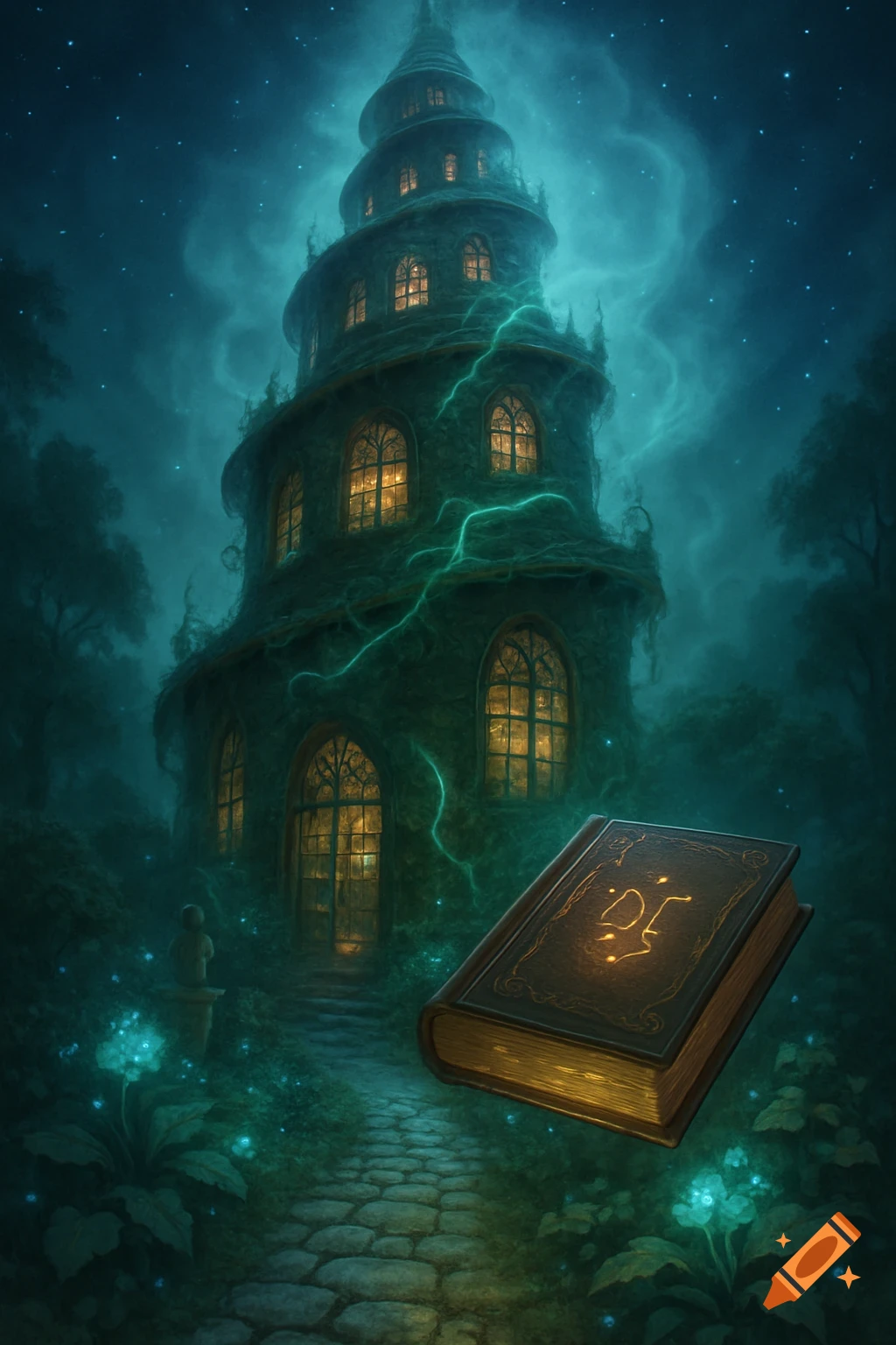 A glowing magical book floats on a stone path leading to a tall, spiral, dark tower at night under a starry, cloudy sky. The scene is illuminated by green glowing plants.
