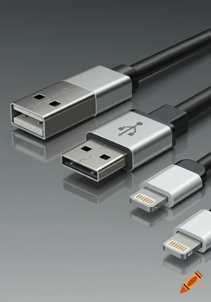 Close-up photorealistic image of black USB-A, USB-C, and Apple Lightning cables and connectors on a reflective gray surface.