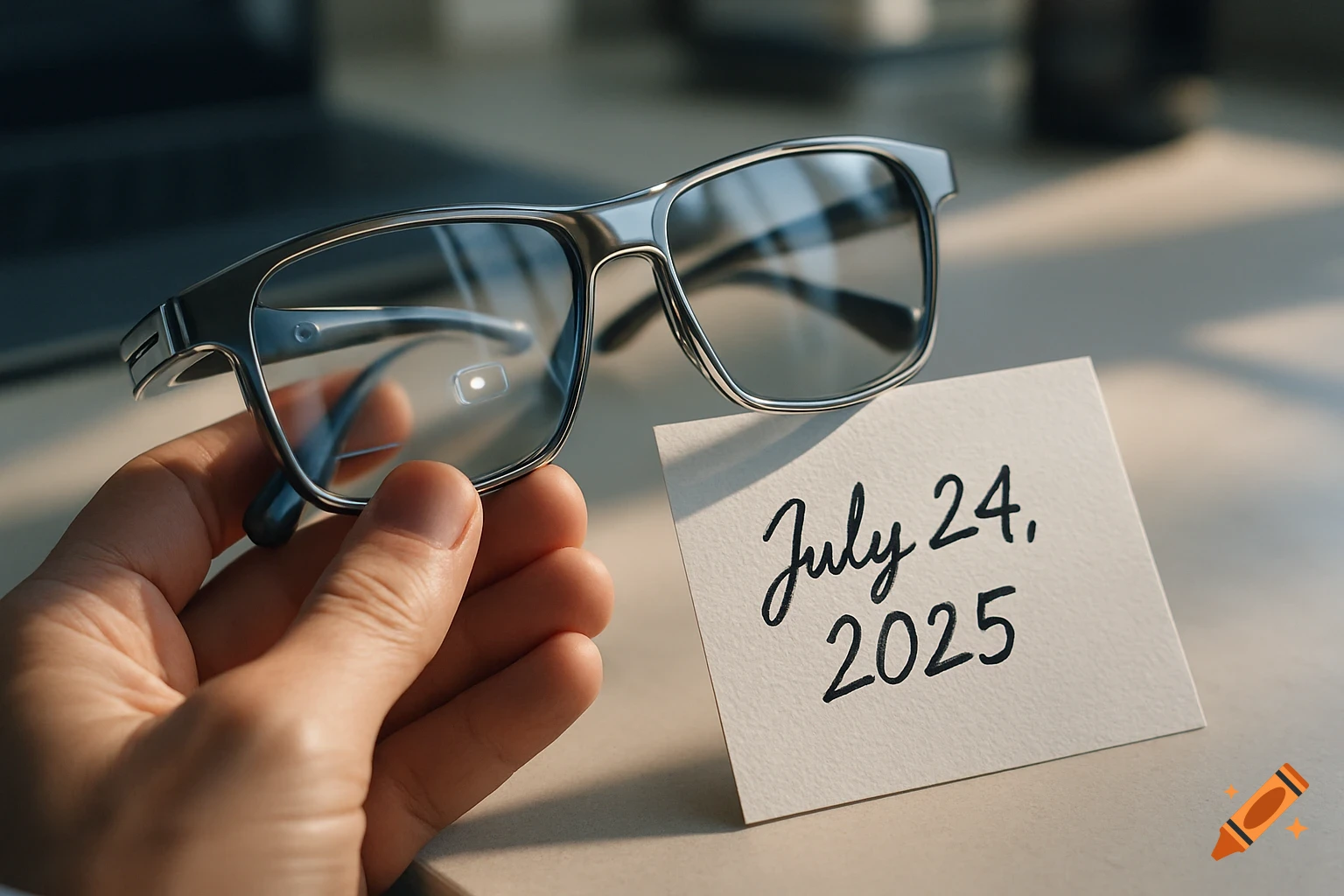 A hand holds a pair of smart glasses next to a handwritten note with the date July 24, 2025.