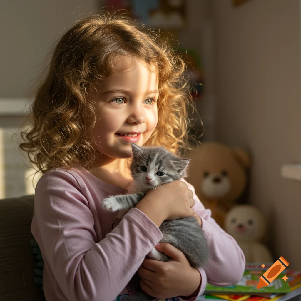 A smiling young girl with curly hair holds a small gray and white kitten, bathed in sunlight.