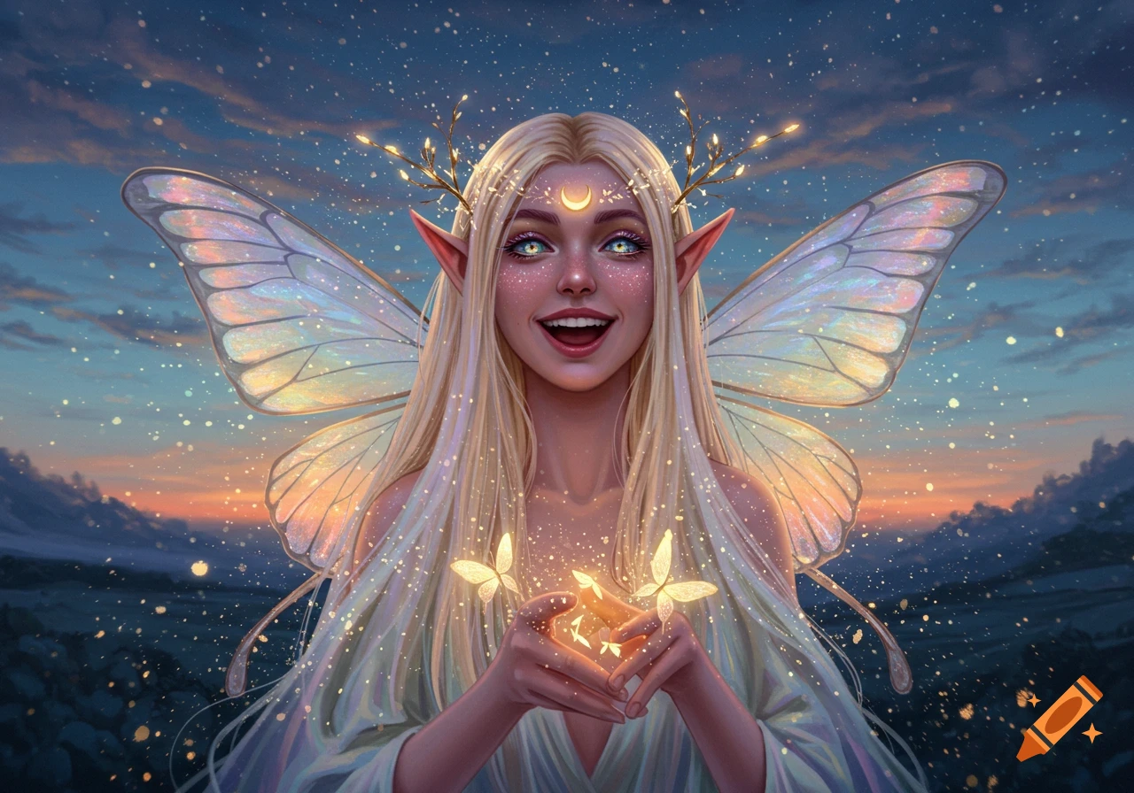 A blonde fairy with large iridescent wings, smiling while holding glowing butterflies in her hands. She wears a crown of light, set against a starry sunset sky.