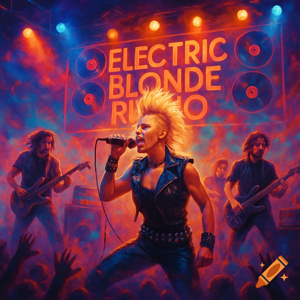 A punk rock band performs on stage under vibrant red and blue lights. The lead singer, with a mohawk, sings into a microphone.