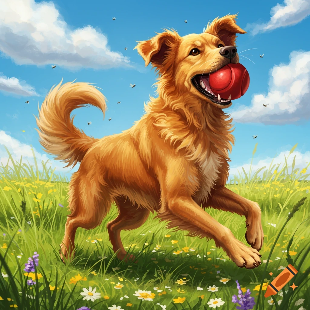A golden retriever joyfully runs through a sunny green field with flowers, holding a red ball in its mouth, under a blue sky.