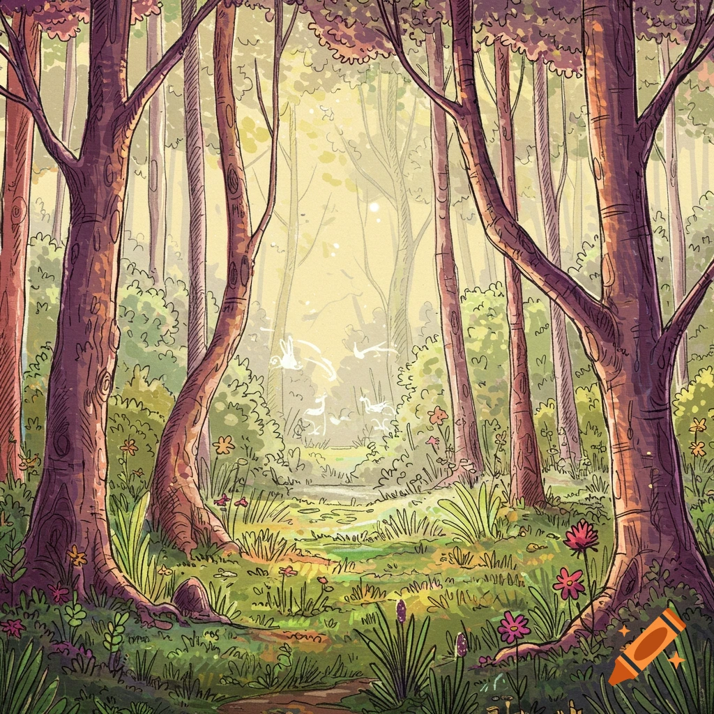 Whimsical illustration of an enchanted forest with tall trees, green foliage, colorful flowers, and glowing white figures.