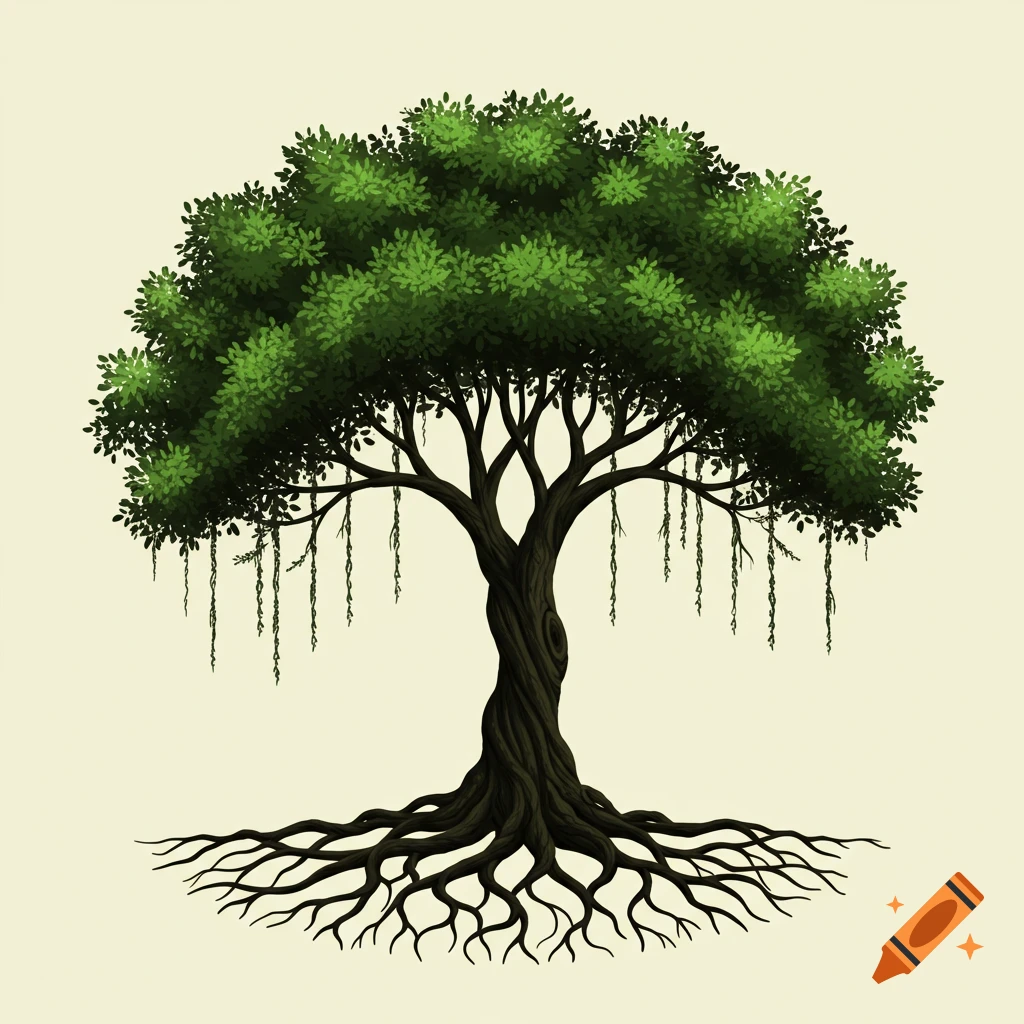 A stylized illustration of a tree with a dark, twisted trunk, green foliage, hanging vines, and exposed roots, on a plain background.