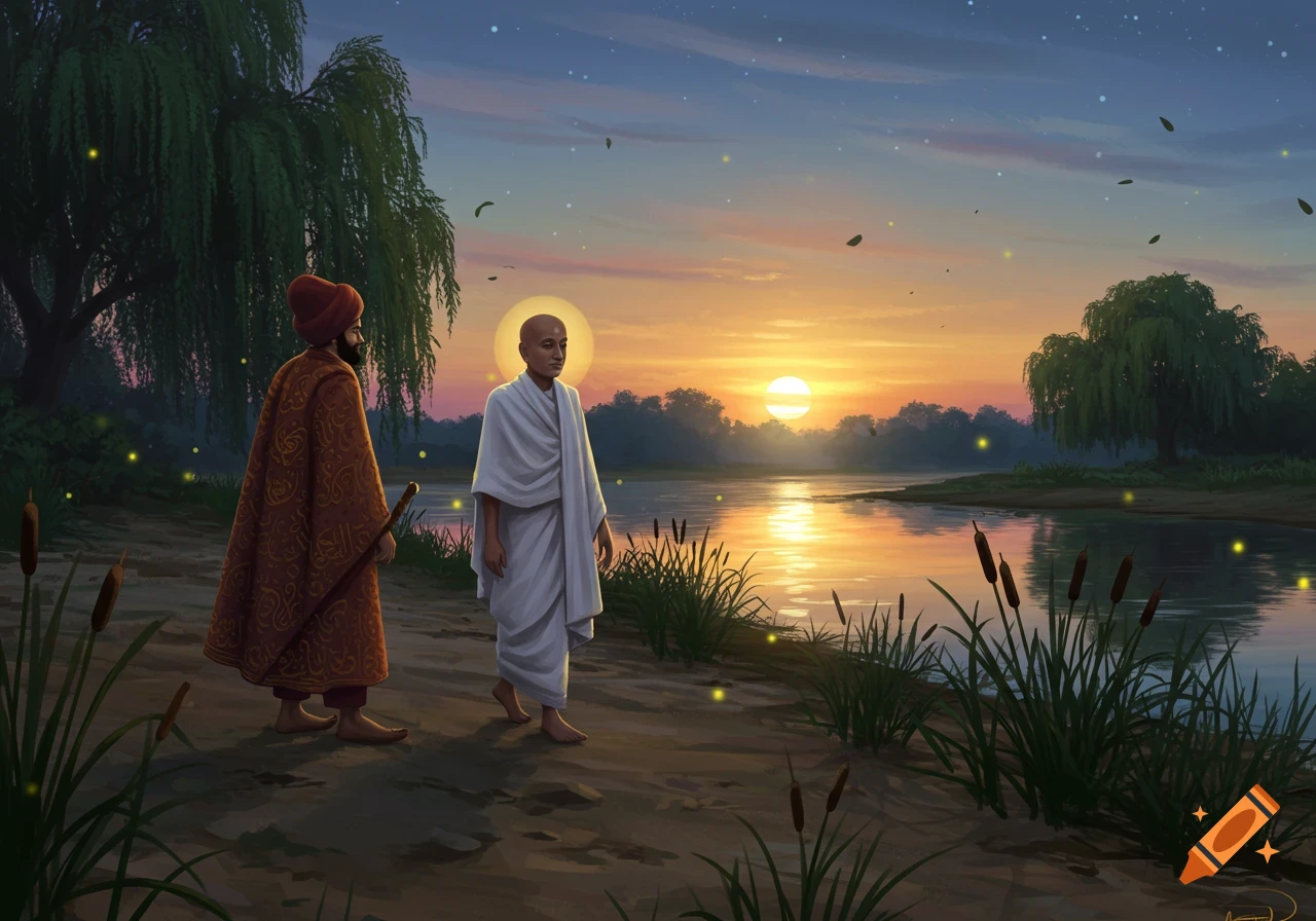 Two figures, a man in a red turban and ornate robe, and a bald man in a white robe, walk along a riverbank at sunset, with fireflies glowing around them.