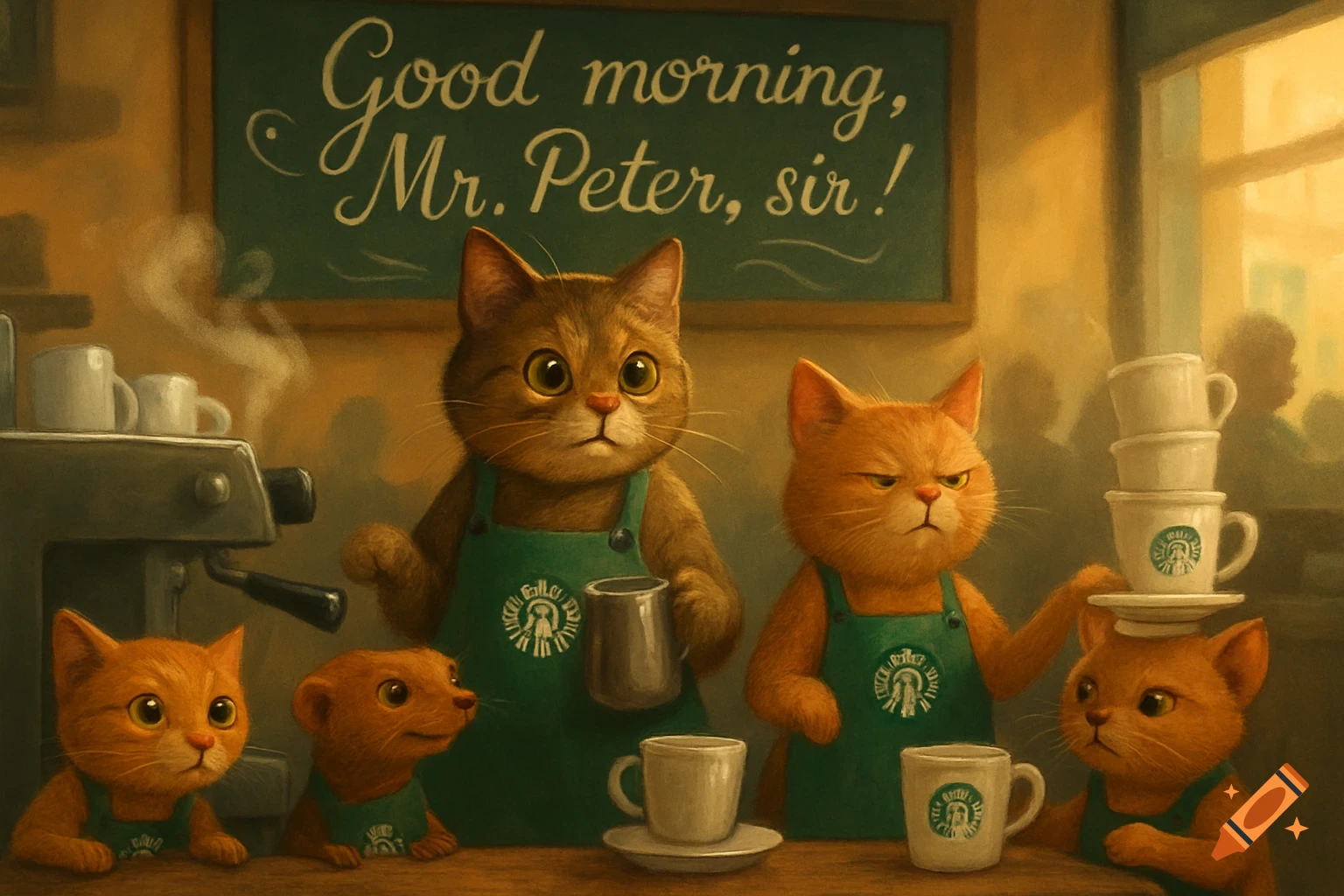 Whimsical painting of cartoon cats and a mongoose in green barista aprons working in a coffee shop with a sign saying "Good morning, Mr. Peter, sir!".