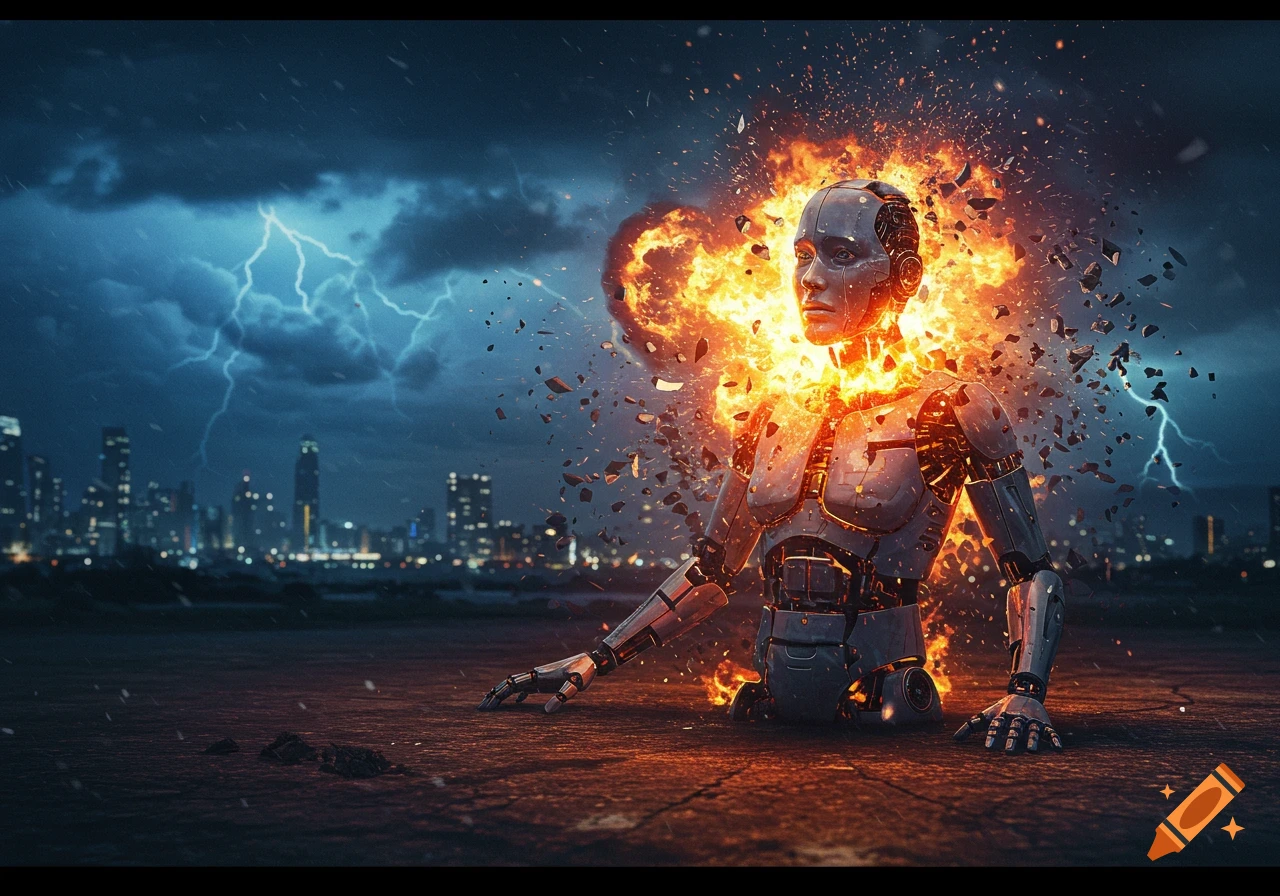 Photorealistic robot disintegrating in a fiery explosion, sparks flying, against a stormy city skyline with lightning.