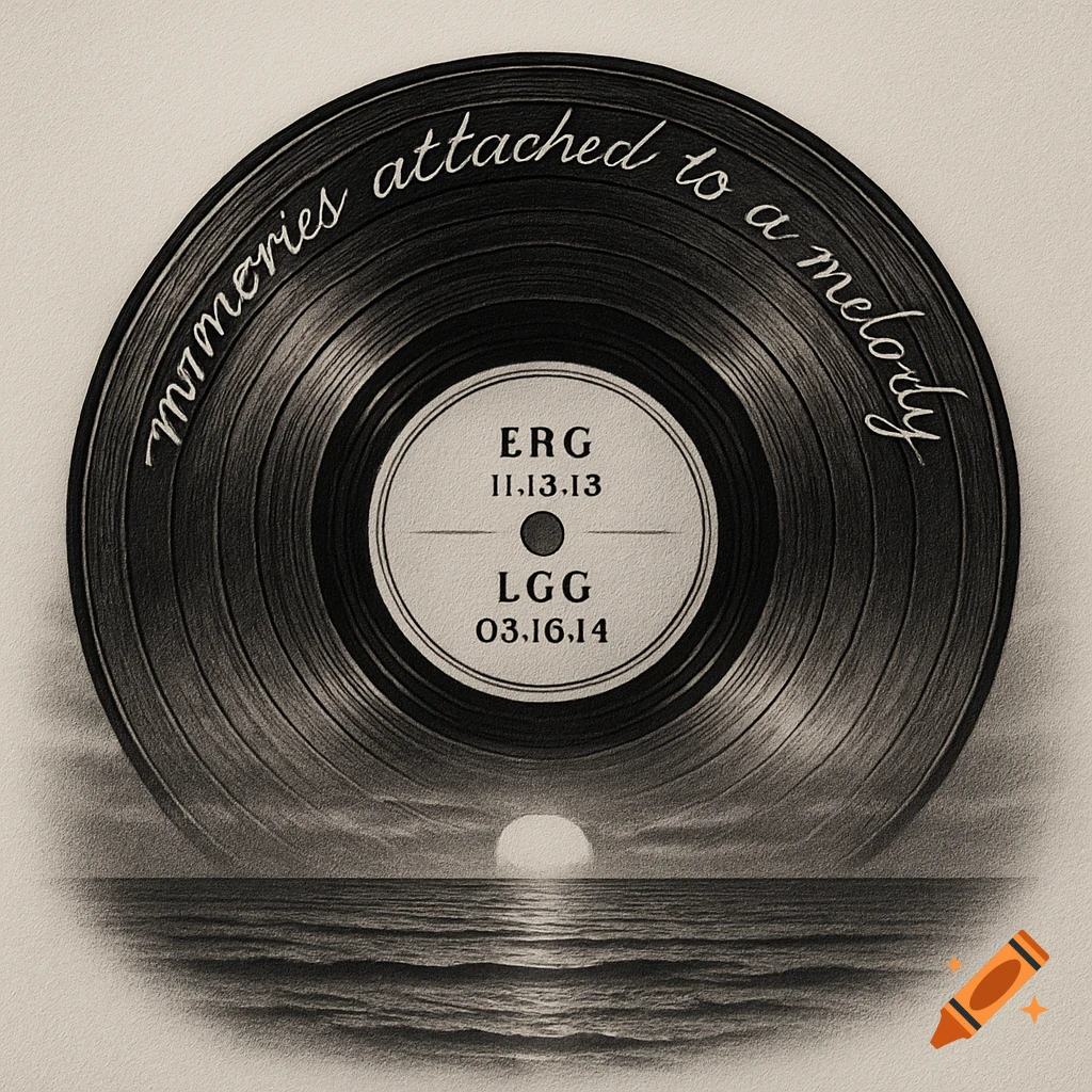 Black and white illustration of a vinyl record merging into an ocean sunset, with text and dates on the record.